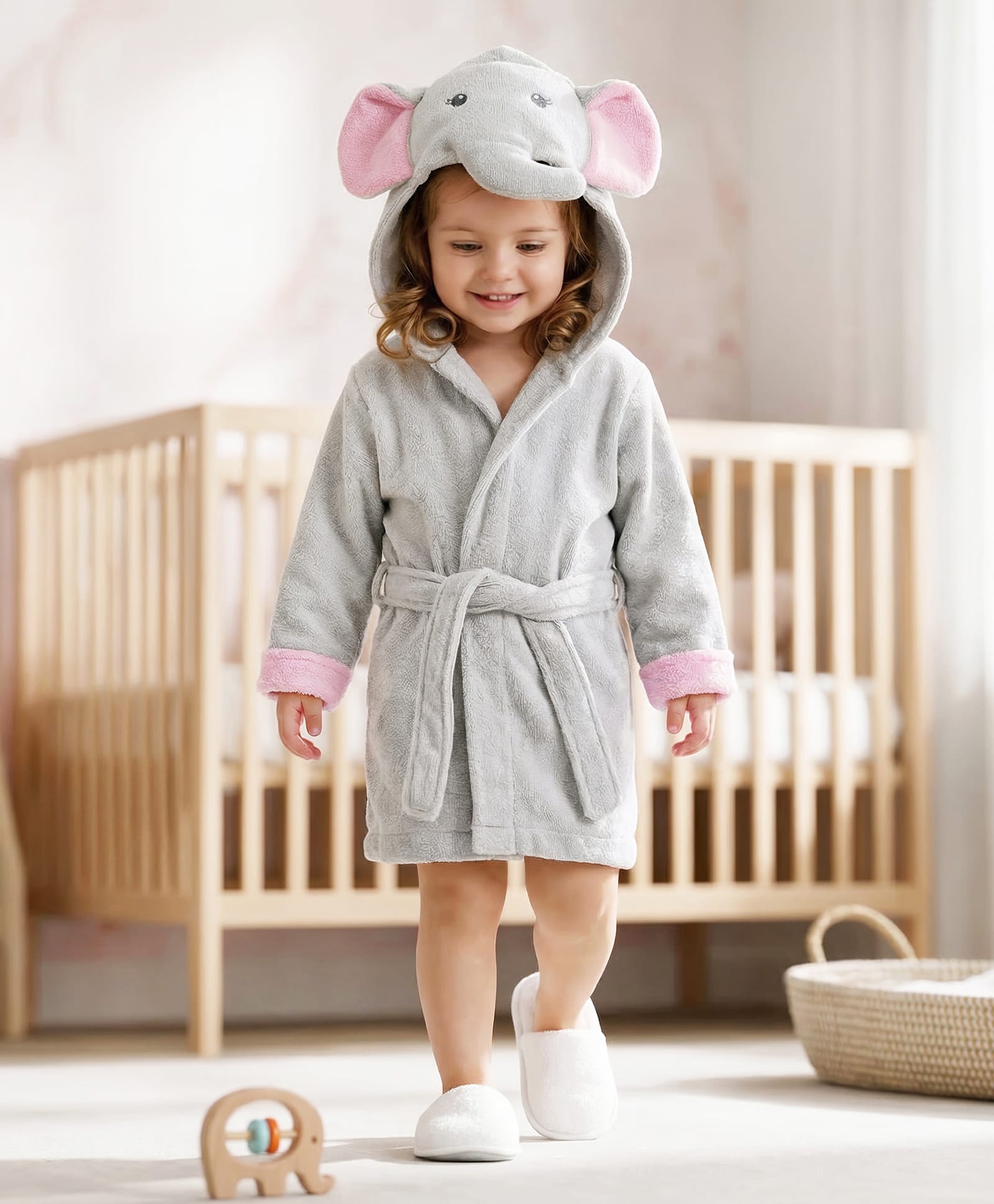Babyhug Terry Woven Full Sleeves Elephant Hooded Bath Robe - Grey-image-7