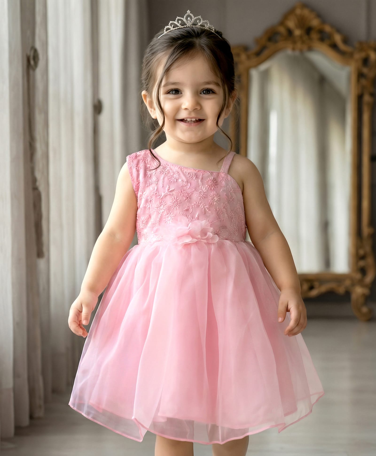 Babyhug Mesh Woven Sleeveless One Shoulder Party Dress With Floral Embroidery & Sequin Detailing - Light Pink-image-12