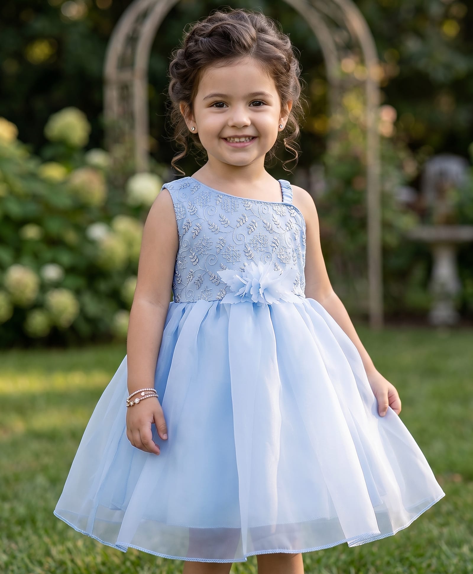 Babyhug Mesh Woven Sleeveless One Shoulder Party Dress With Floral Embroidery & Sequin Detailing - Light Blue-image-20