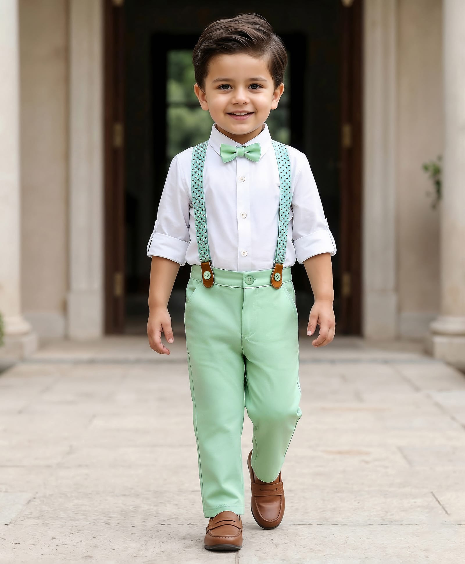 Babyhug Cotton Blend Knit Full Sleeves Solid Party Shirt & Trouser Set With Bow & Suspender - Sea Green & White-image-36