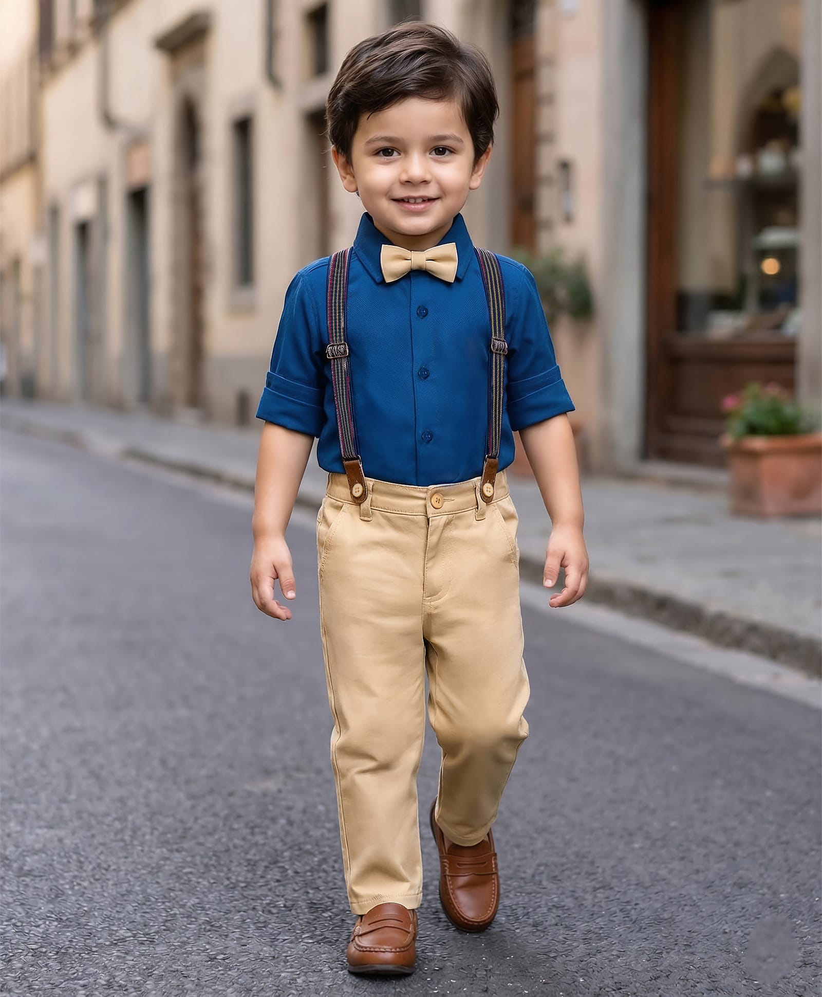 Babyhug Cotton Blend Knit Full Sleeves Solid Party Shirt & Trouser Set With Bow & Suspender - Blue & Beige-image-30