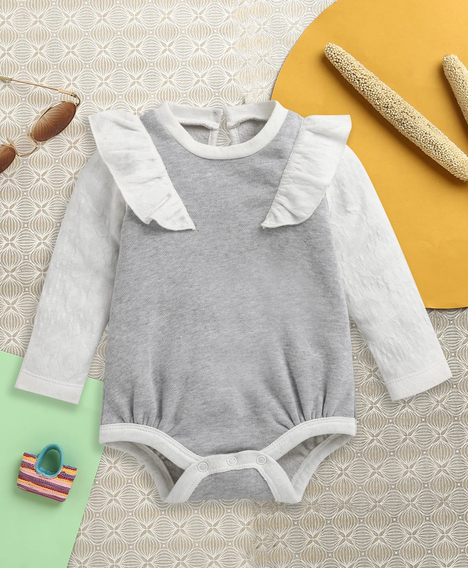 Nino Bambino Fleece Knit Full Sleeves Frill Detailed Colour Blocked Onesie - Grey-image-19