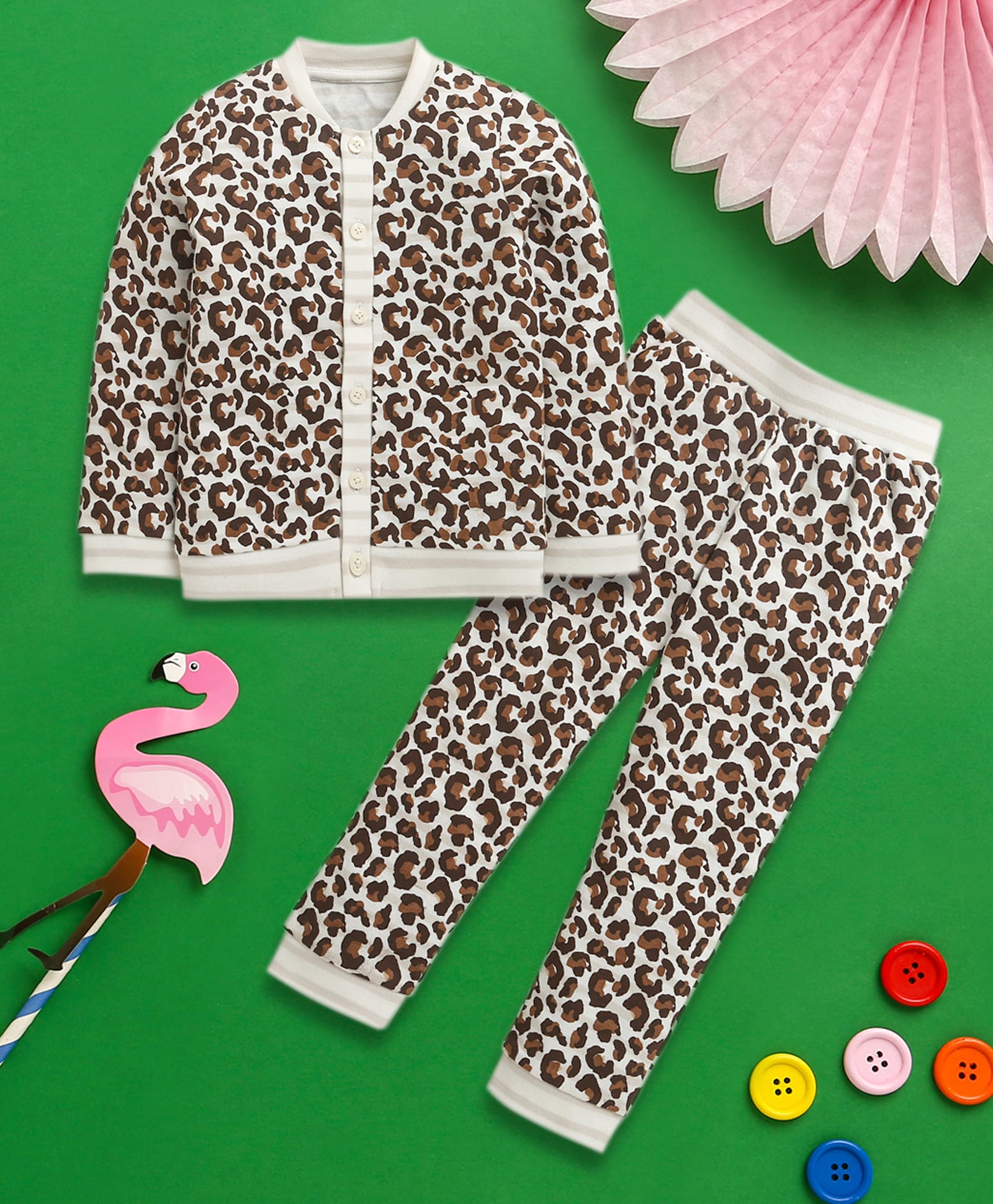 Nino Bambino Interlock Knit Full Sleeves Leopard Printed Sweatshirt & Joggers Set - Multi Colour-picture-36