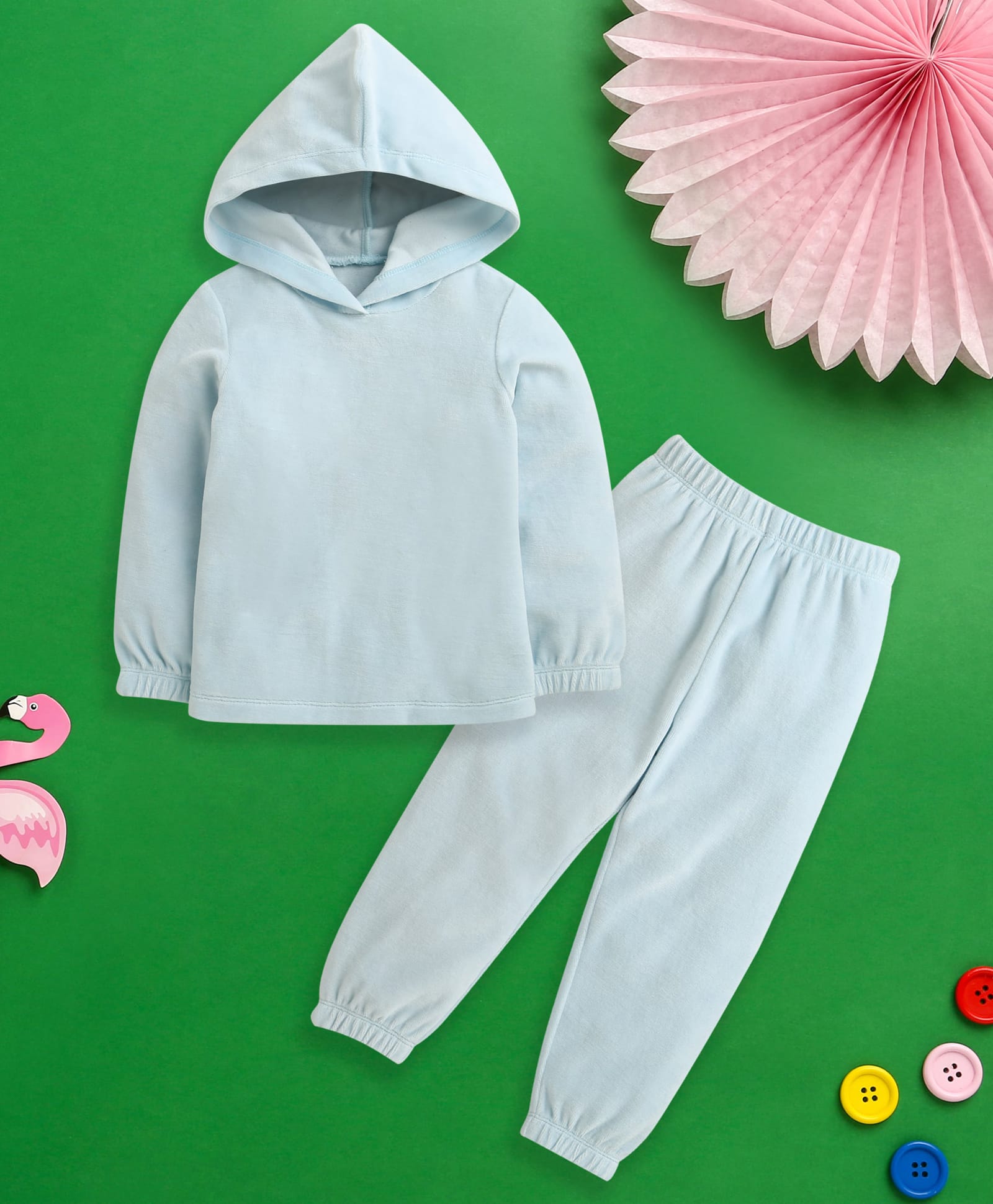 Nino Bambino Velour Knit Full Sleeves Solid Hooded Winter Sweatshirt With Joggers Set - Sky Blue-image-28