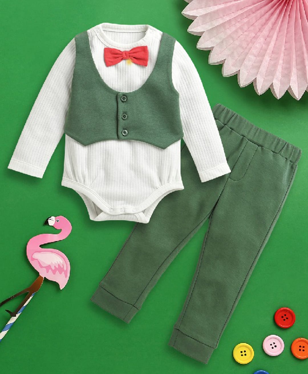 Nino Bambino Interlock Knit Full Sleeves Bow Applique Detailed Onesie With Attached Waistcoat & Trouser Set - Multi Colour-picture-16
