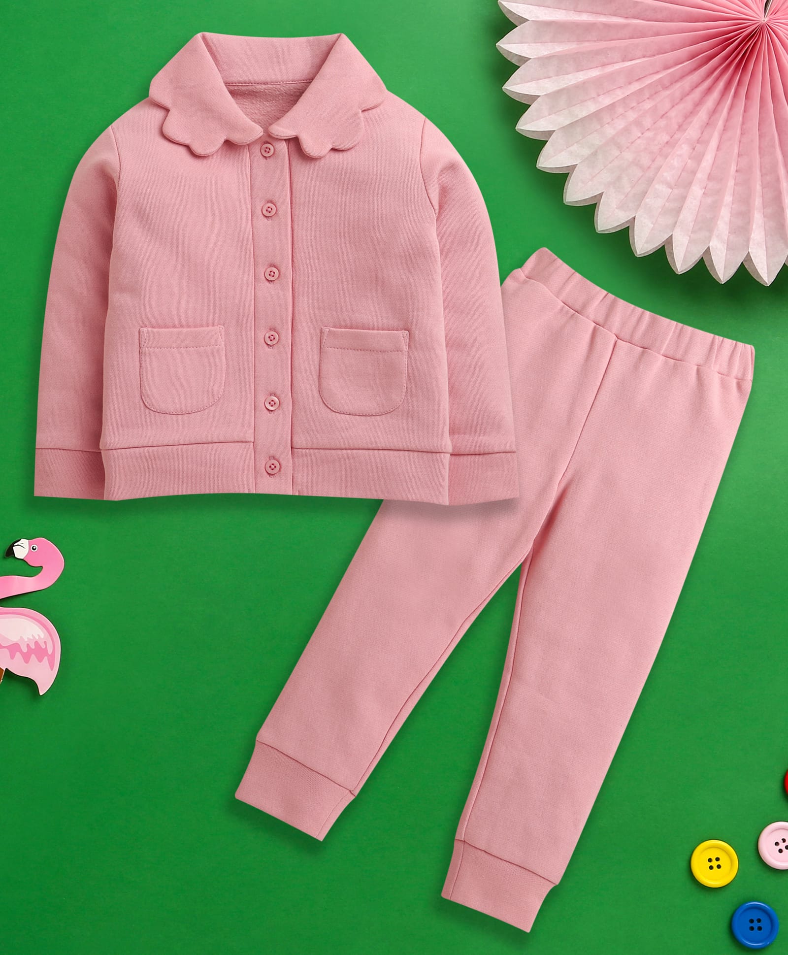 Nino Bambino Fleece Knit Full Sleeves Solid Winter Sweat Jacket & Joggers Set - Pink-picture-25