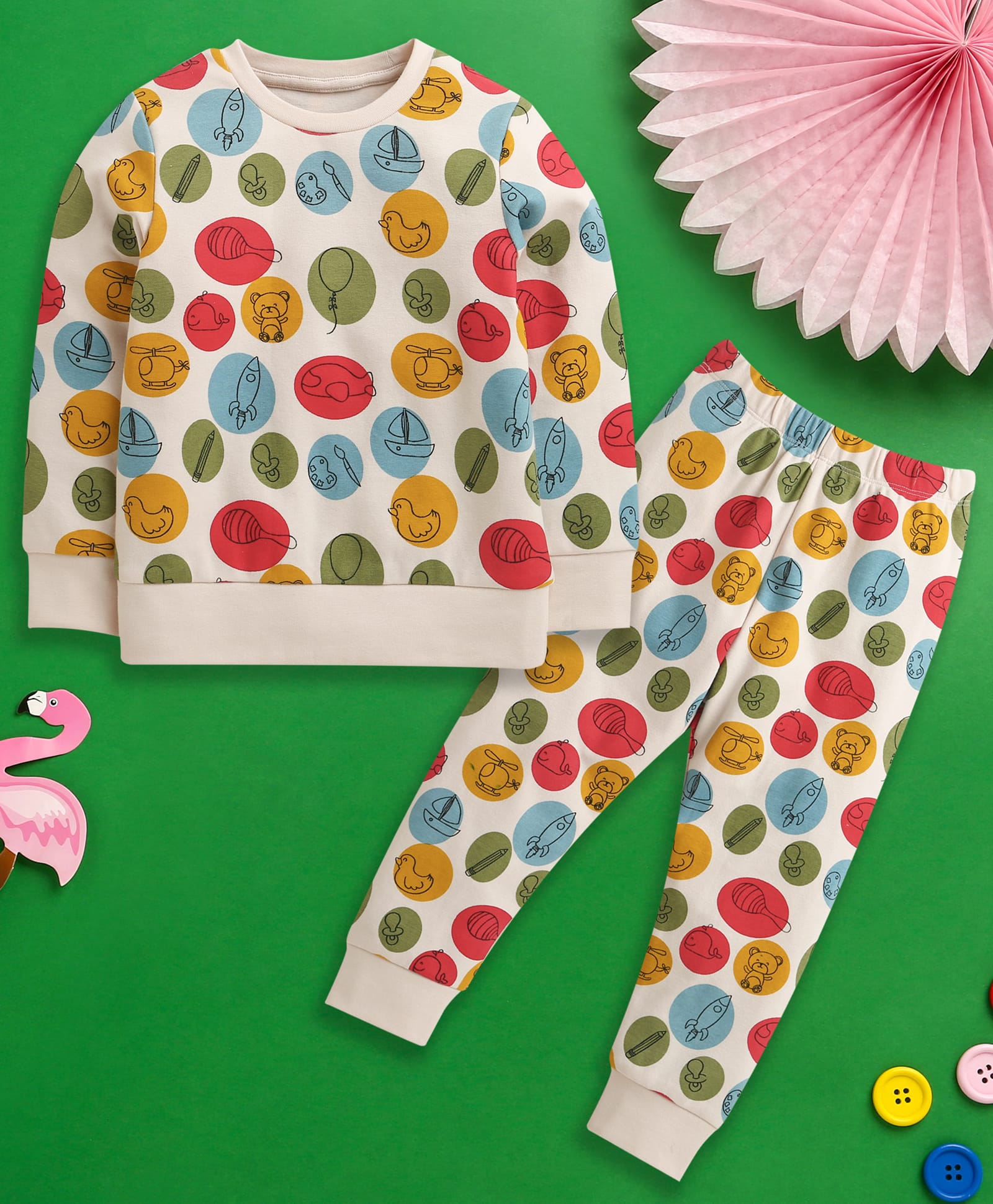 Nino Bambino Cotton Rib Knit Full Sleeves Rocket Plane & Boat Printed Coordinating Winter Sweatshirt & Joggers Set - Multi Colour-picture-10