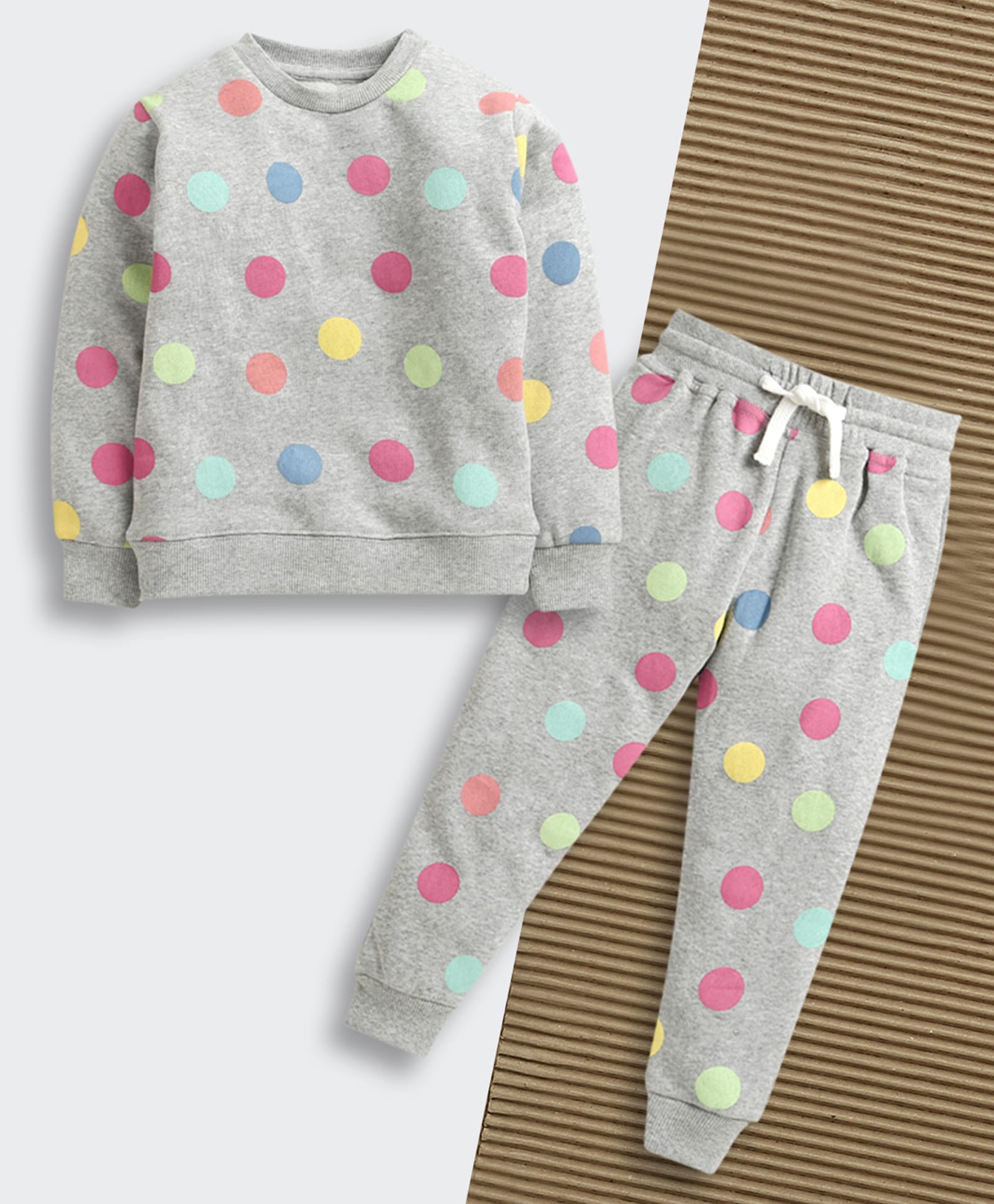 Nino Bambino Fleece Knit Full Sleeves Polka Dots Printed Coordinating Sweatshirt & Joggers Set - Multi Colour-picture-23