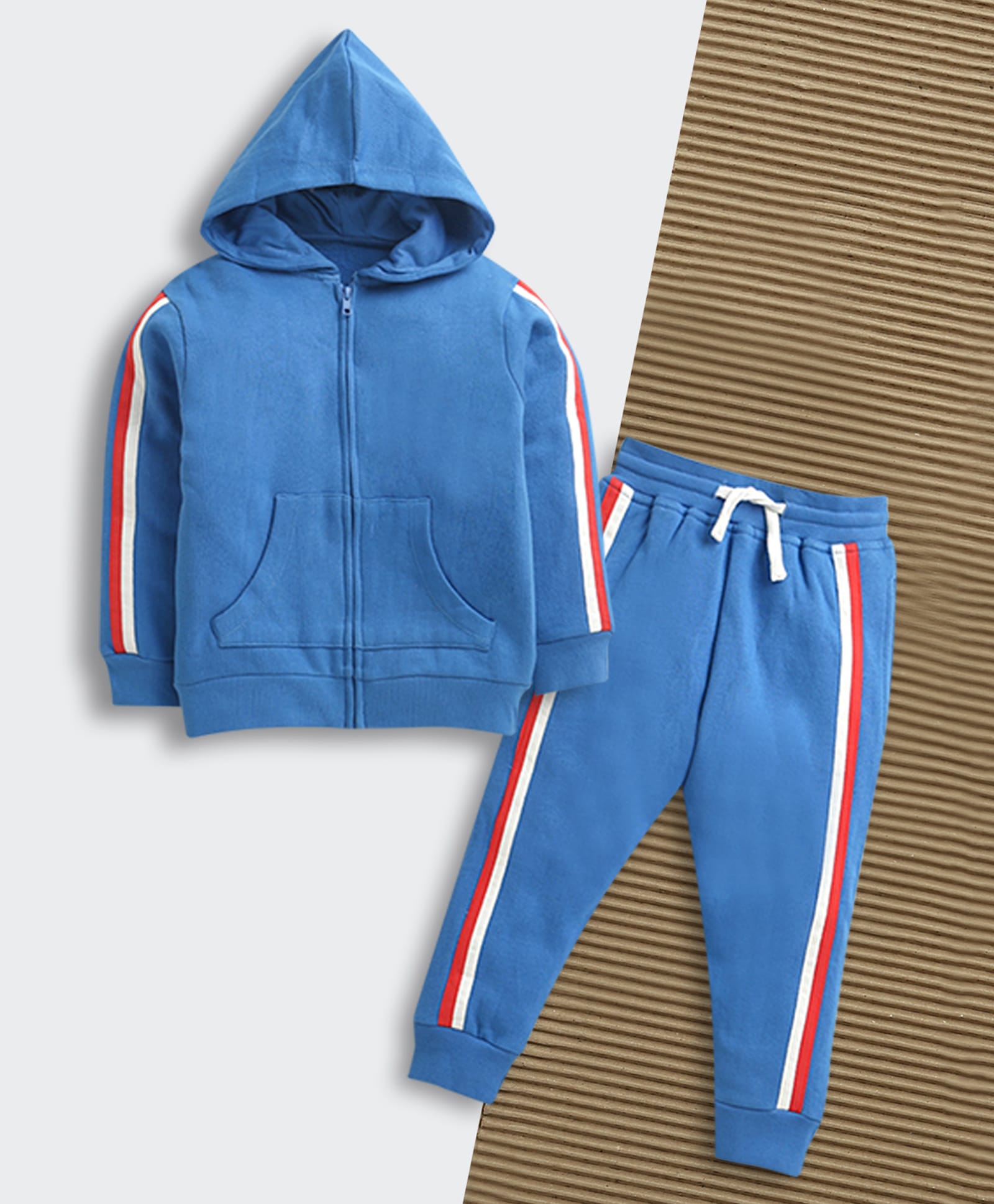 Nino Bambino Fleece Knit Full Sleeves Side Taped Hooded Sweatshirt & Joggers Set - Blue-picture-11