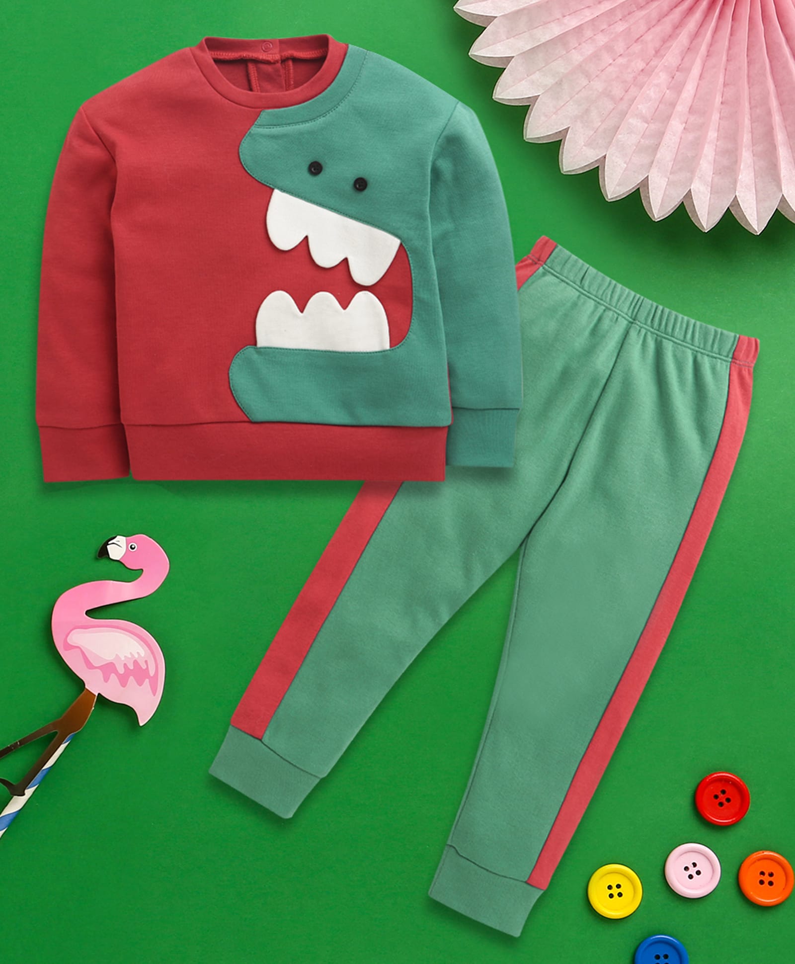 Nino Bambino Interlock Knit Full Sleeves Animal Embroidered Sweatshirt & Jogger Set - Multi Colour-picture-26