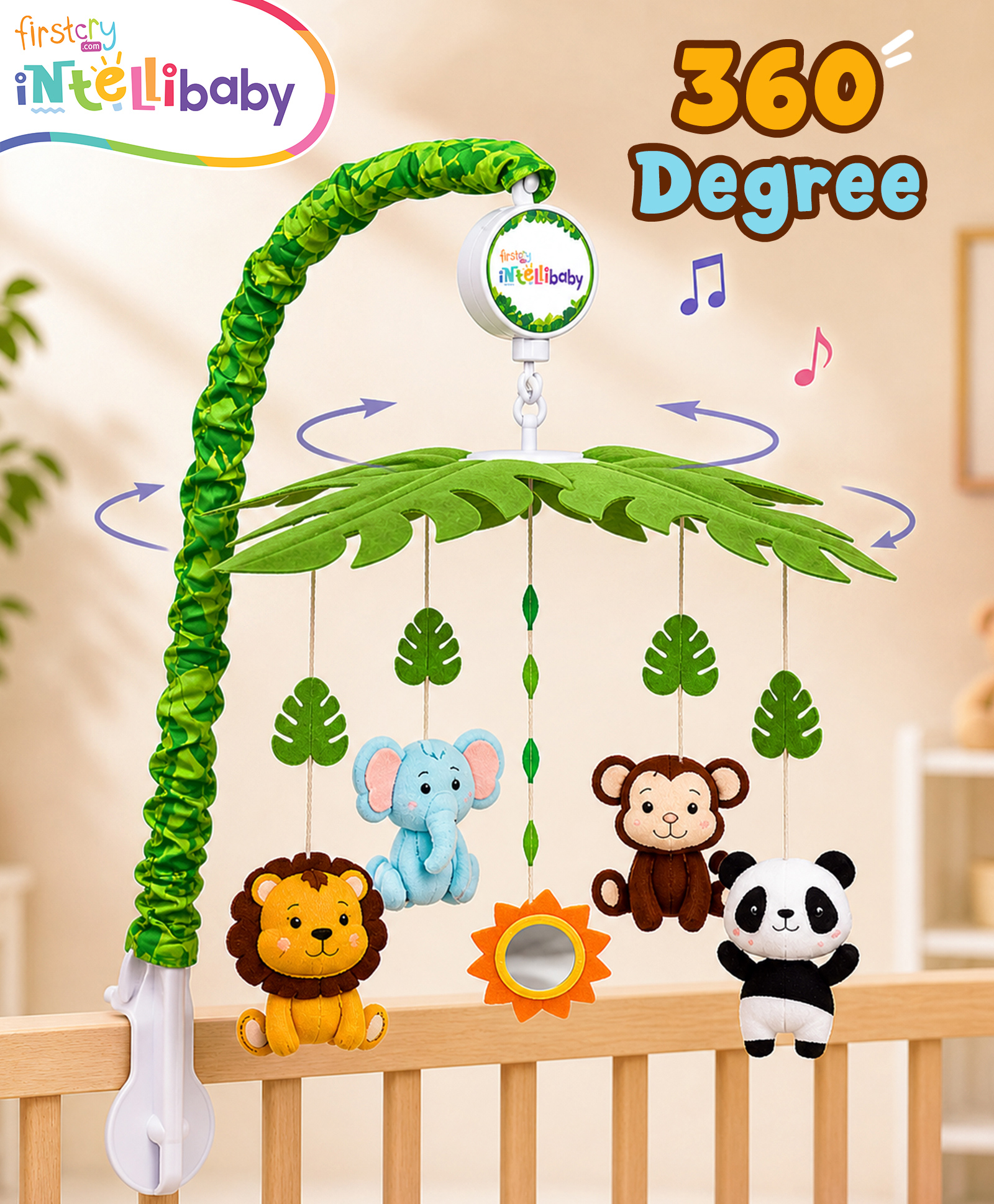 Intellibaby Safari Snuggles Musical Cot Mobile for Infants | 360° Rotating Soft Toys & Gentle Music | Jungle Animals Theme | Fits Standard Cribs | Baby Safe Mirror | BIS Certified | Ideal for Gifting-image-32