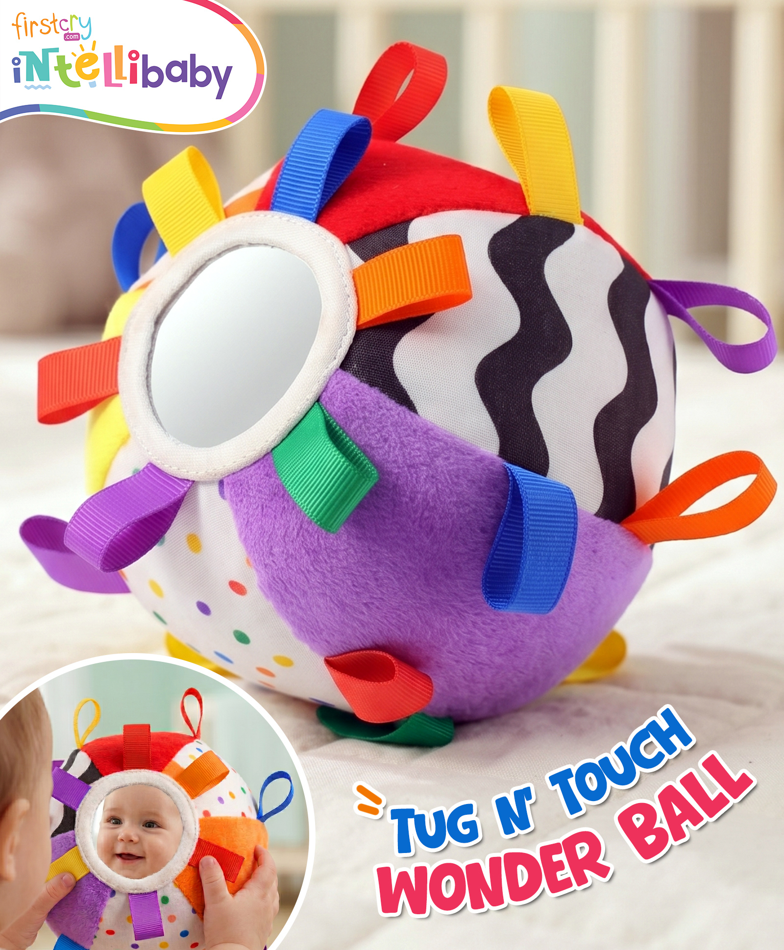 Intellibaby Tug N Touch Wonder Ball for Babies | Multi-Sensory Activity Plush Toy |Colourful Tags, Safe Mirror Textured Patches High Contrast Patterns |BIS Certified |Educator Recommended | Gifting-picture-19