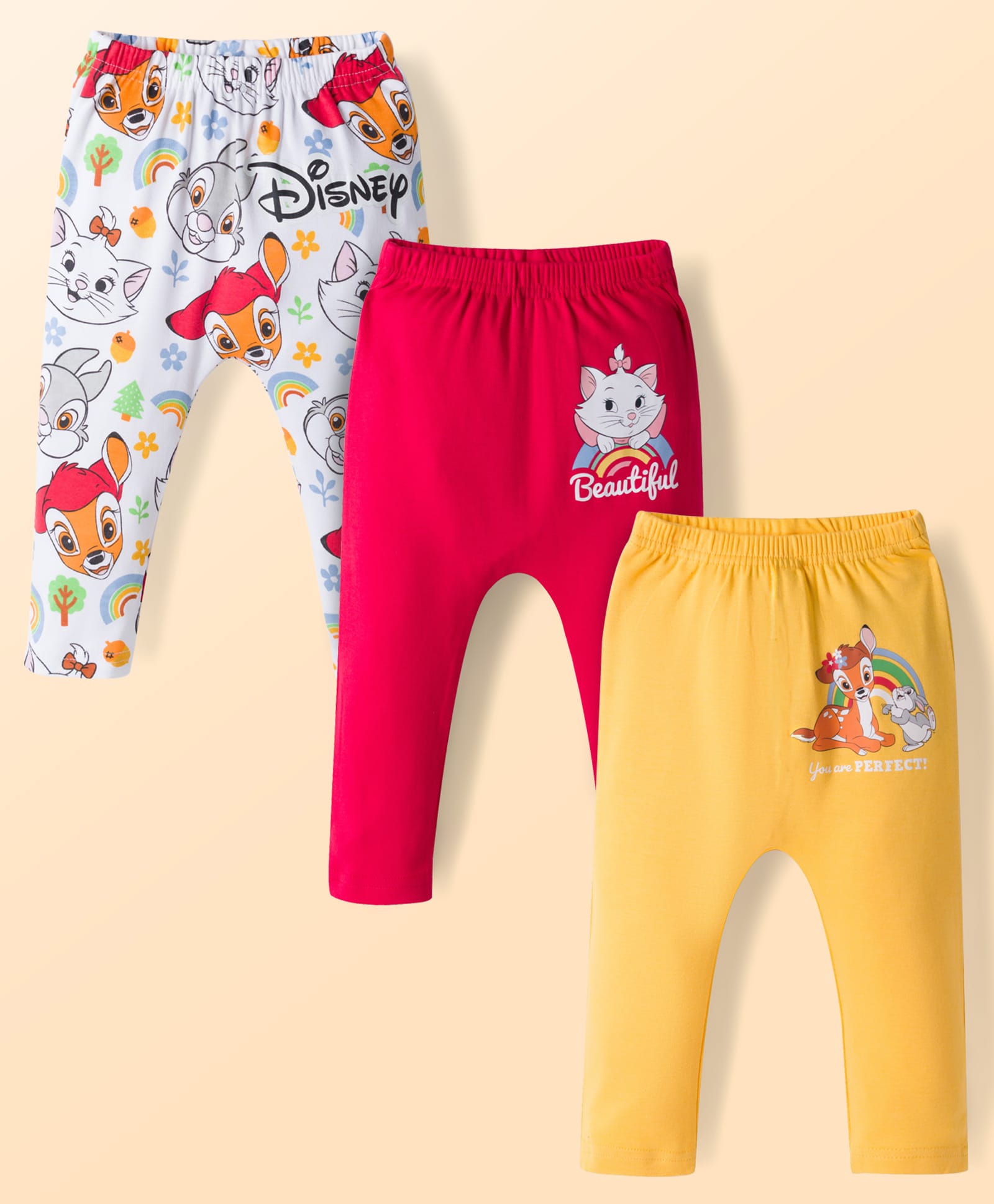 Babyhug Disney Interlock Knit Full Length Diaper Leggings with Marie Graphic Pack of 3 - Red Yellow & White