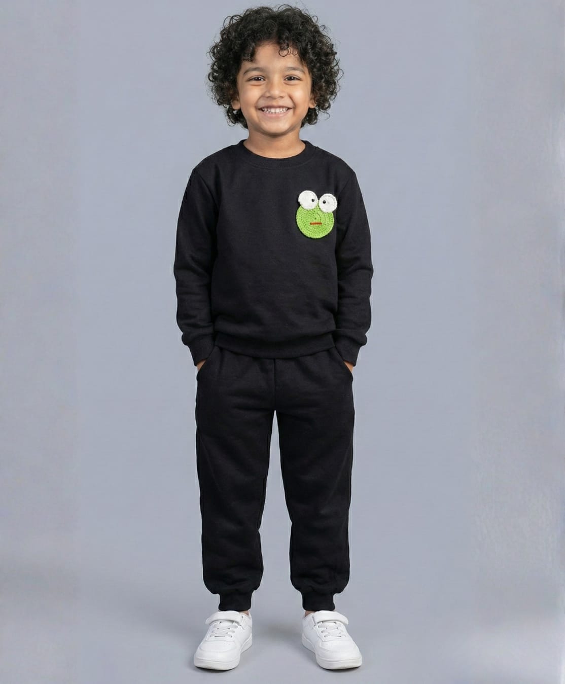 Funkrafts Looper Knit Full Sleeves Frog Embroidered Sweatshirt & Joggers Set - Black-picture-14