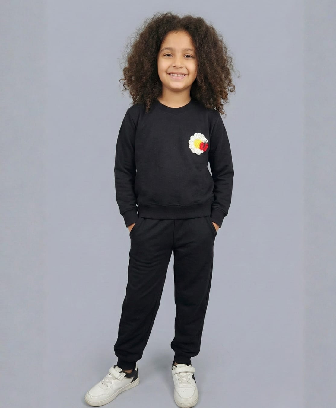 Funkrafts Looper Knit Full Sleeves Flower Embroidered Sweatshirt & Joggers Set - Black-picture-12