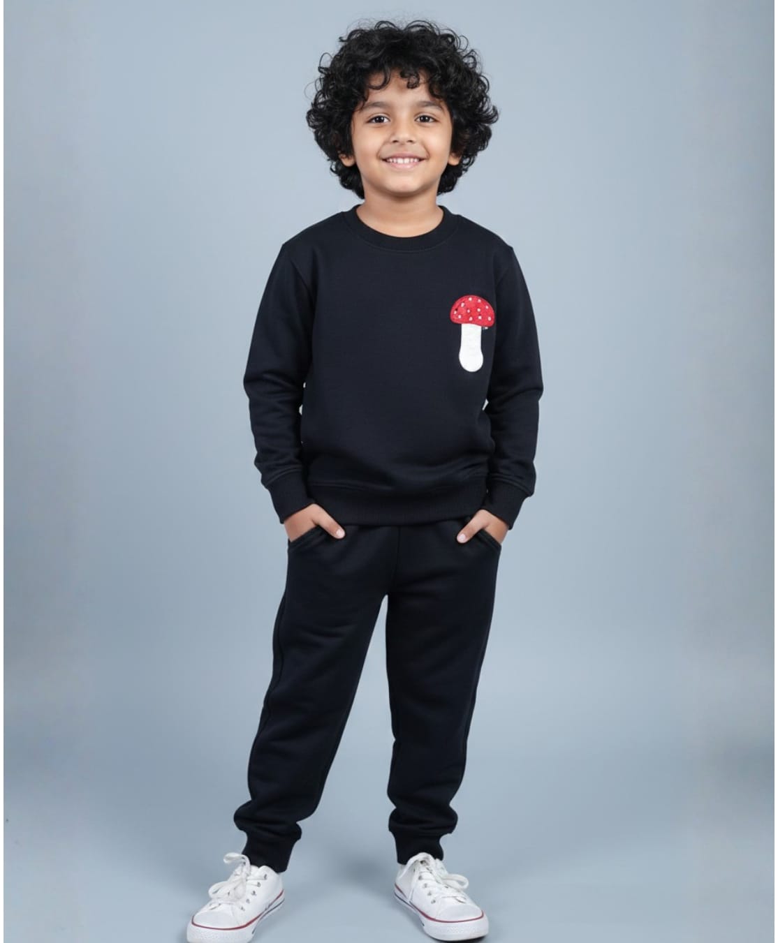 Funkrafts Looper Knit Full Sleeves Mushroom Patch Detailed Sweatshirt & Joggers Set - Black-picture-13