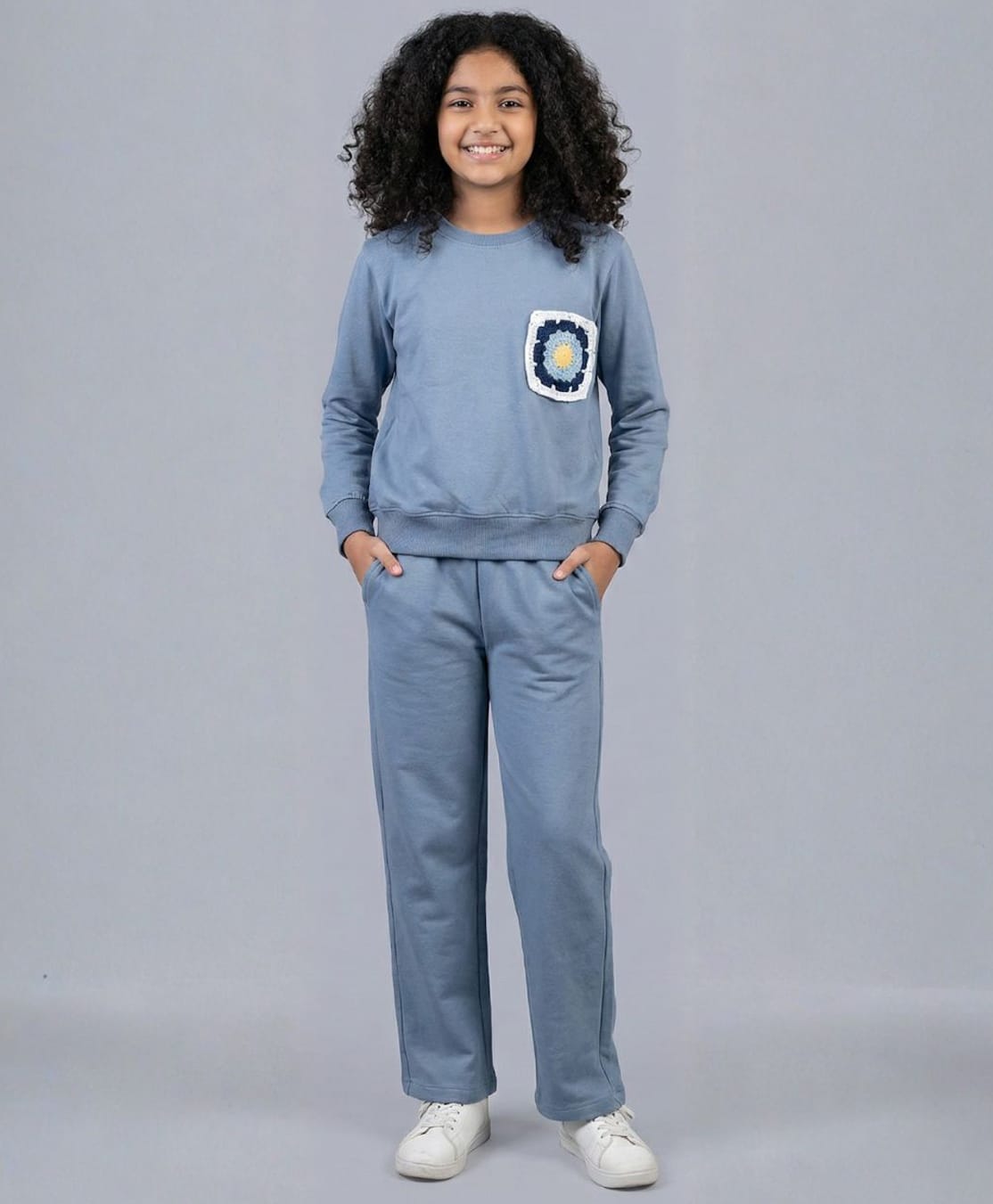 Funkrafts Looper Knit Full Sleeves Floral Patch Detailed Sweatshirt & Pants Set - Blue-picture-22