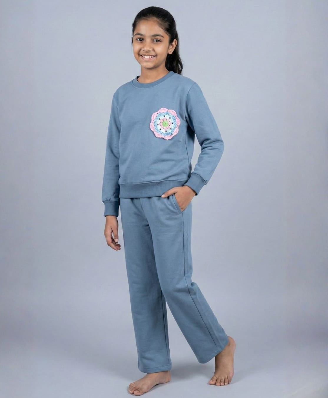 Funkrafts Looper Knit Full Sleeves Floral Applique Detailed Winter Sweatshirt & Pant Set - Blue-picture-27