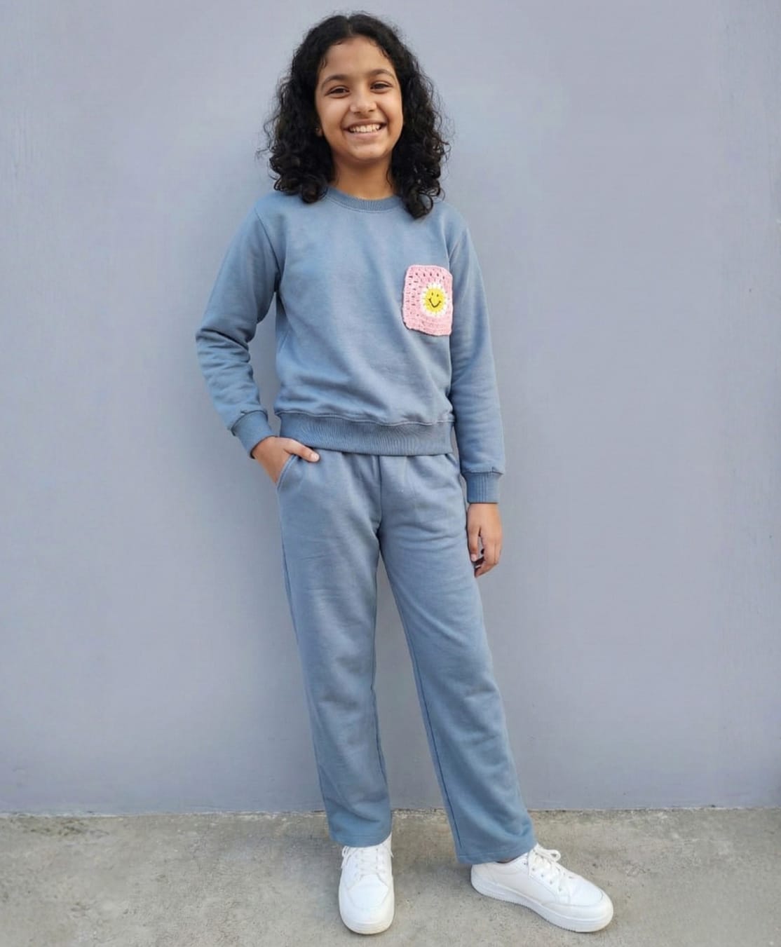 Funkrafts Looper Knit Full Sleeves Floral Applique Detailed Winter Sweatshirt & Pant Set - Blue-picture-25