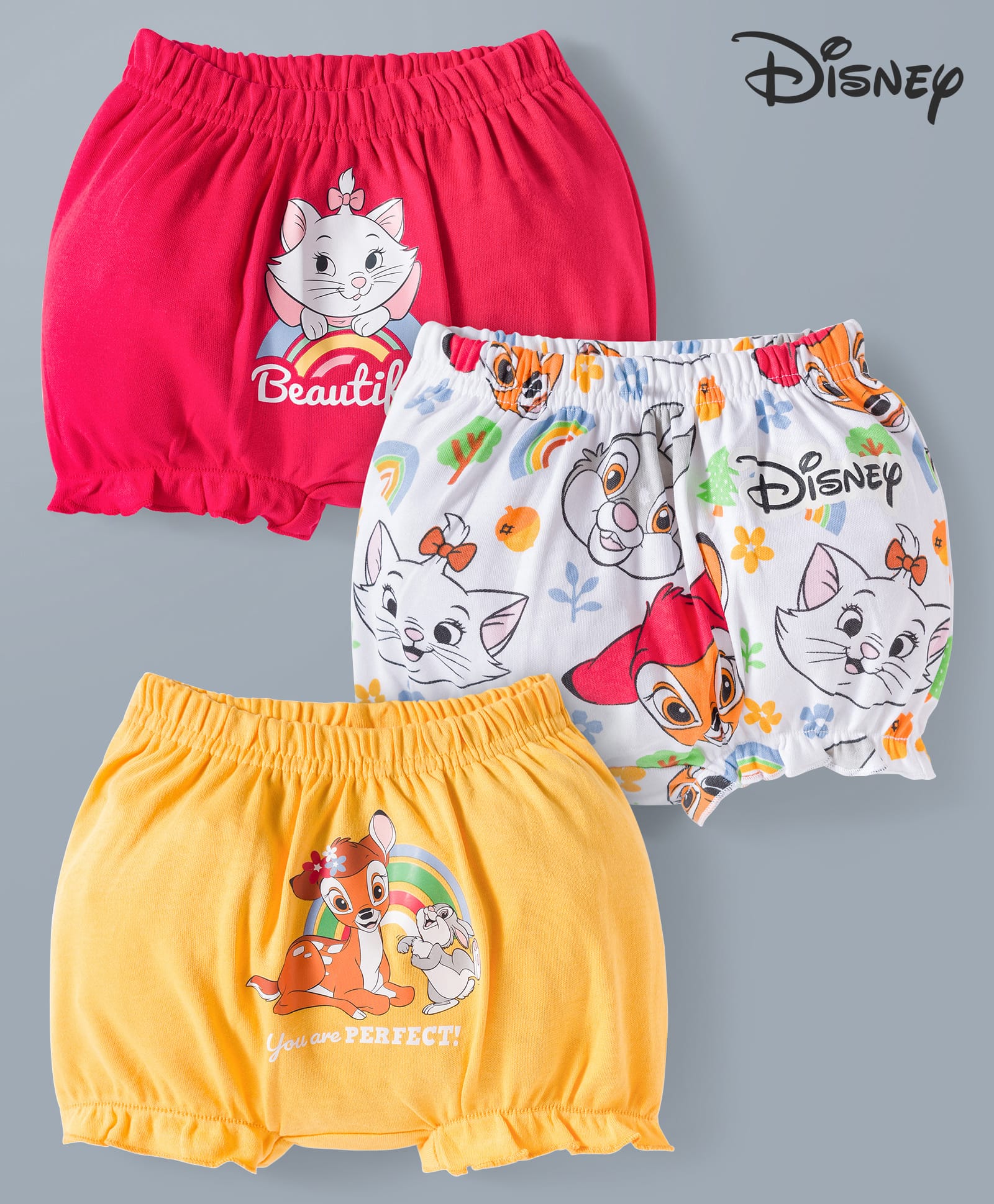 Babyhug Disney Lycra Knit Bloomers with Marie Graphic Pack of 3 - White Red & Yellow-image-35