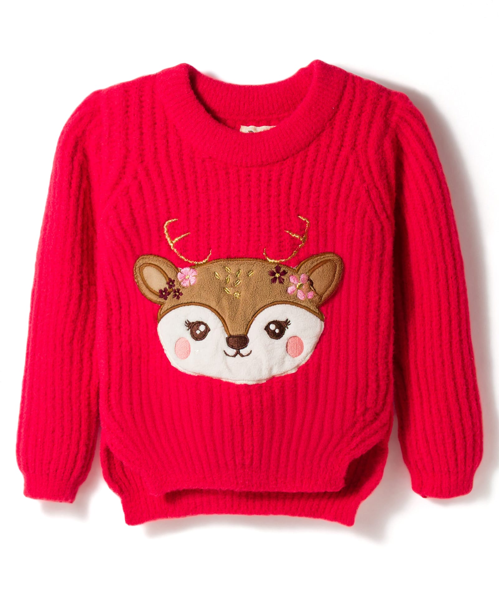 Yellow Apple Knitted Full Sleeves Pullover Sweater With Reindeer Embroidery - Red-image-49