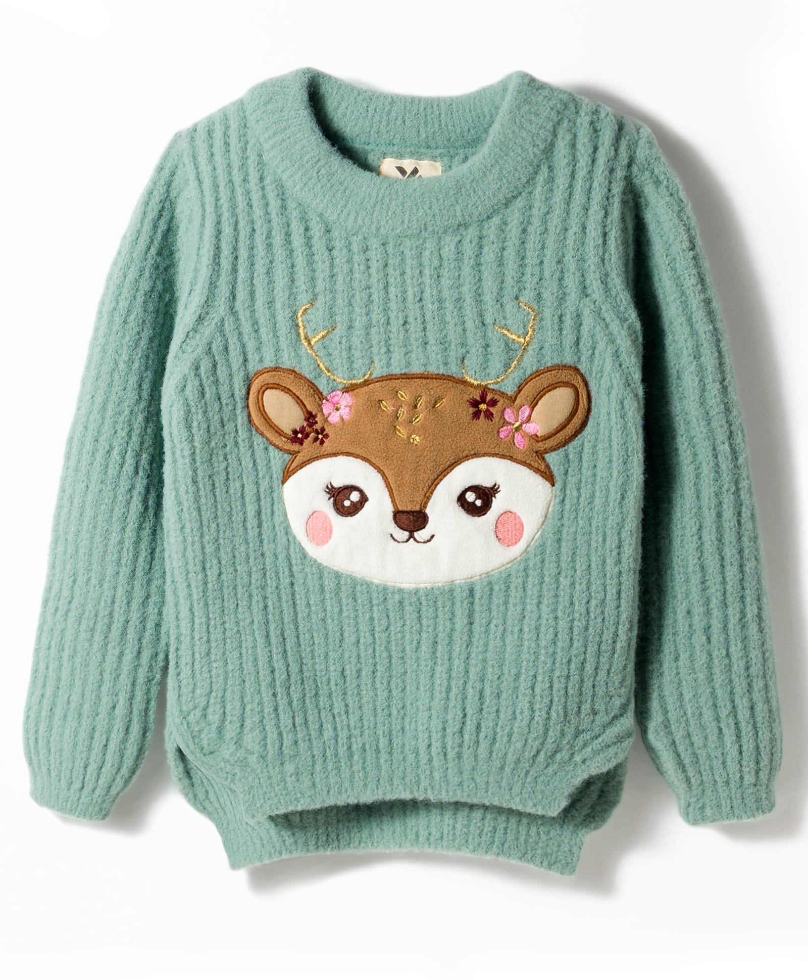 Yellow Apple Knitted Full Sleeves Pullover Sweater With Reindeer Embroidery - Mint-picture-17