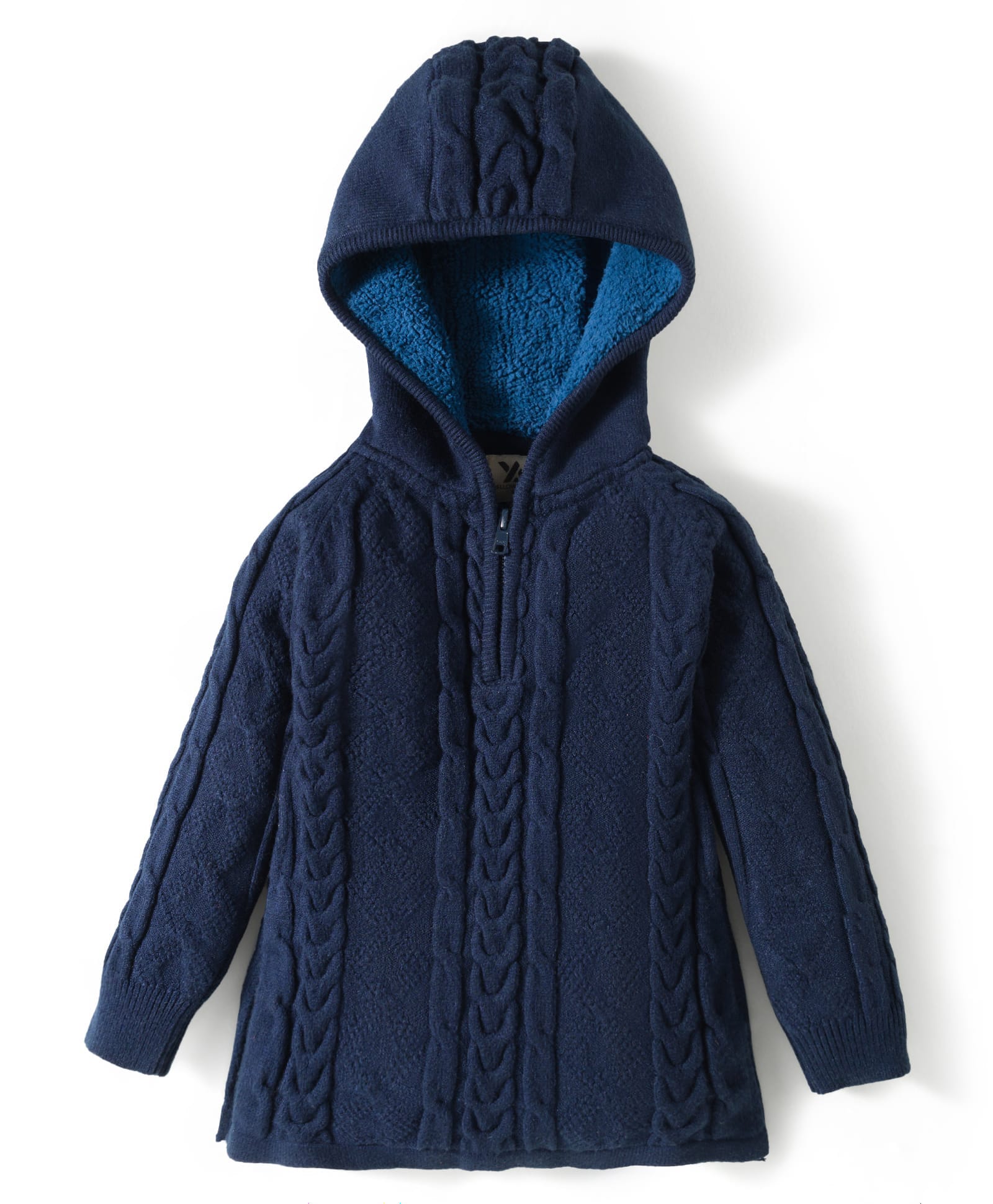 Yellow Apple Knit Full Raglan Sleeves Pullover Hooded Sweater with Cable Knit Design - Navy Blue-picture-26