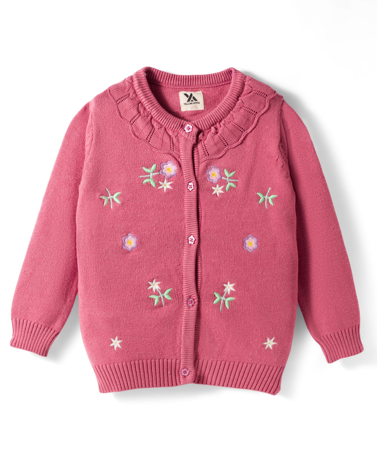 Yellow Apple Knit Full Sleeves Front Open Sweater with Floral Embroidery - Light Pink-picture-19