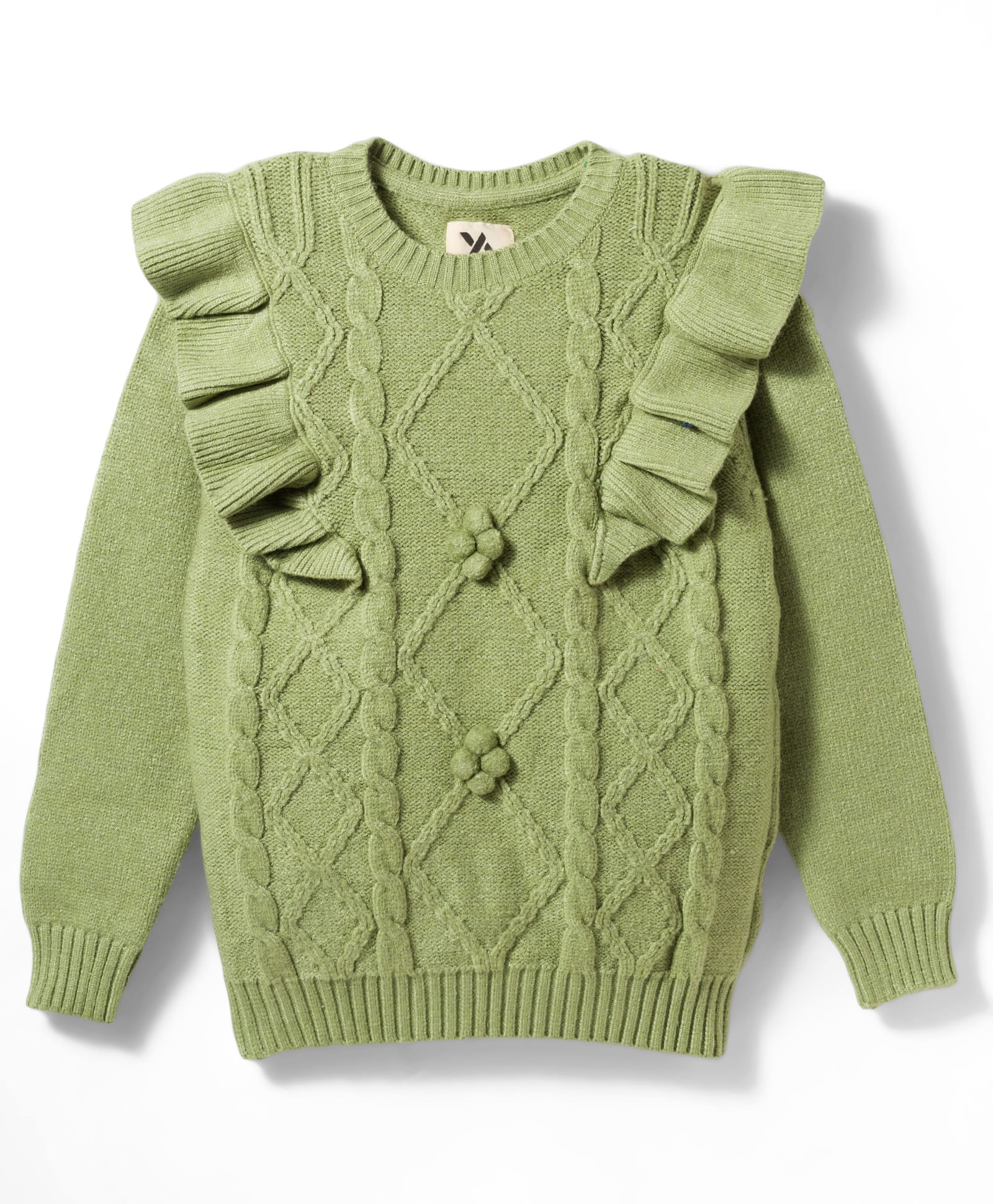 Yellow Apple Knit Full Sleeves Pullover Sweater with Cable Knit Design & Frill Detailing - Green-picture-20