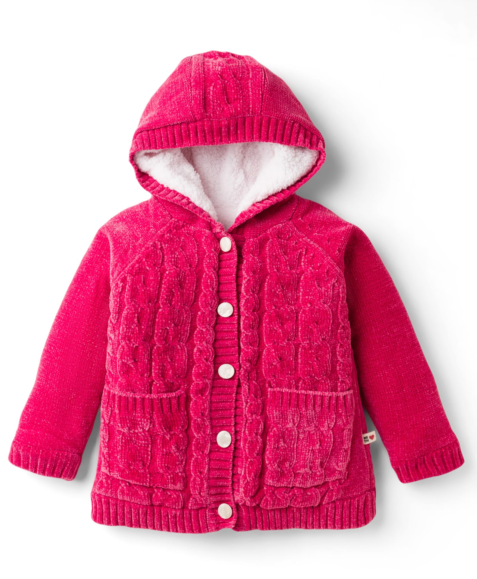Yellow Apple Knit Full Sleeves Front Open Hooded Sweater with Cable Knit Design - Fuchsia-picture-17