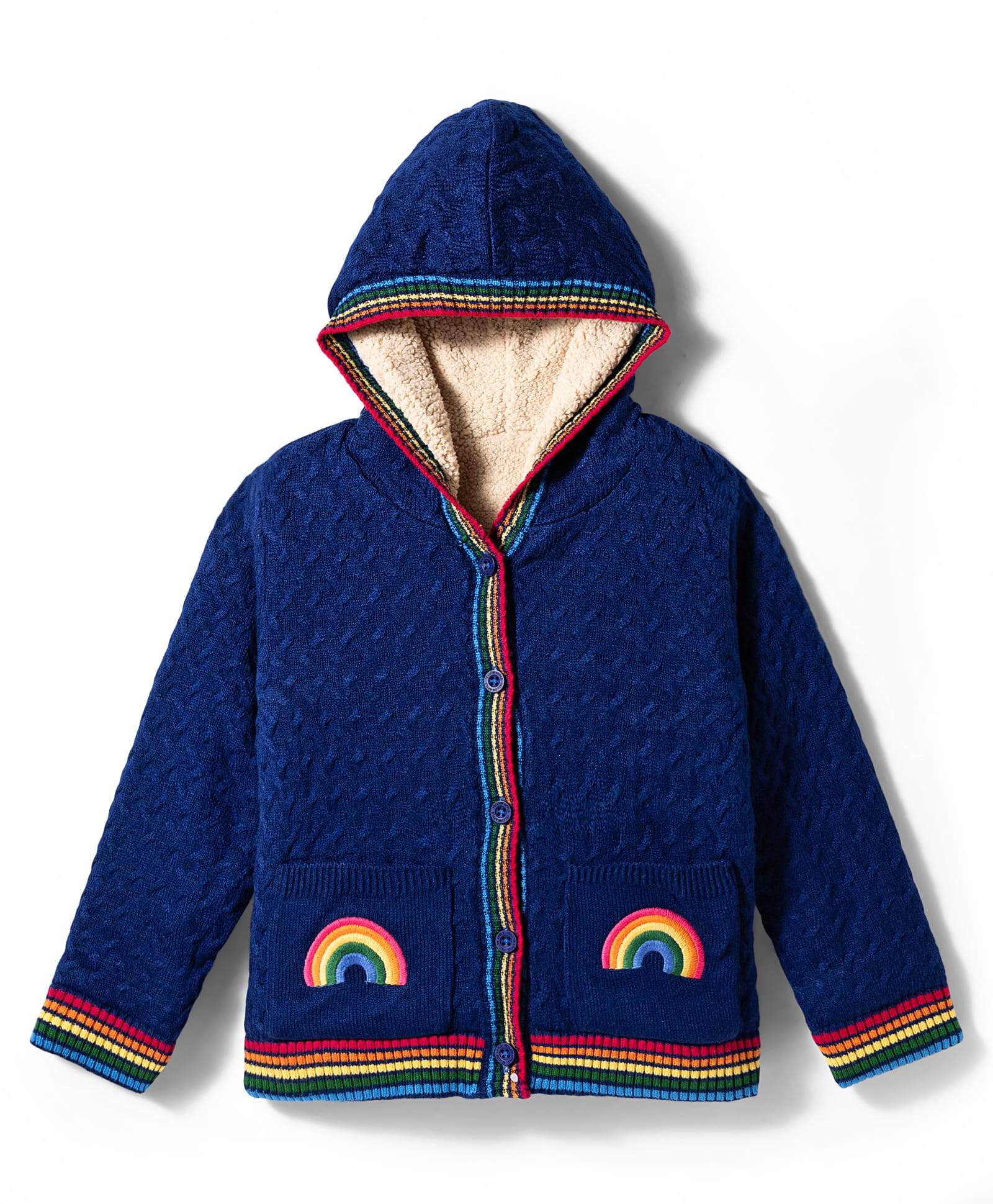 Yellow Apple Knit Full Sleeves Front Open Hooded Sweater with Rainbow Embroidery - Navy Blue-picture-16