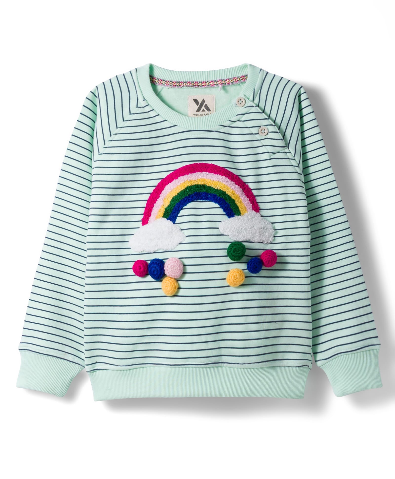Yellow Apple Knit Full Sleeves Striped Pullover Sweater with Rainbow Embroidery - Sea Green-image-31