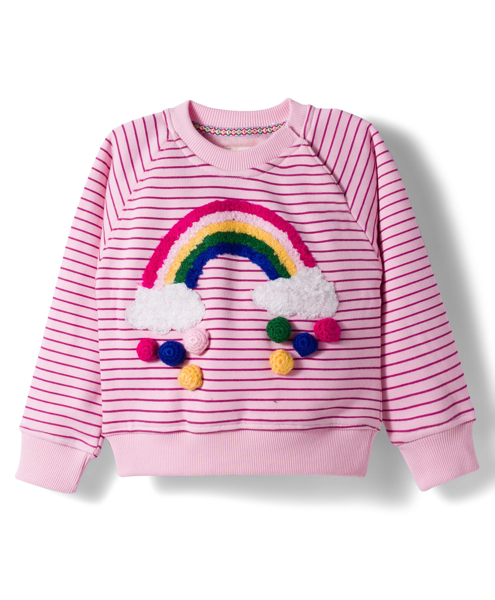 Yellow Apple Knit Full Sleeves Striped Pullover Sweater with Rainbow Embroidery - Pink-image-20