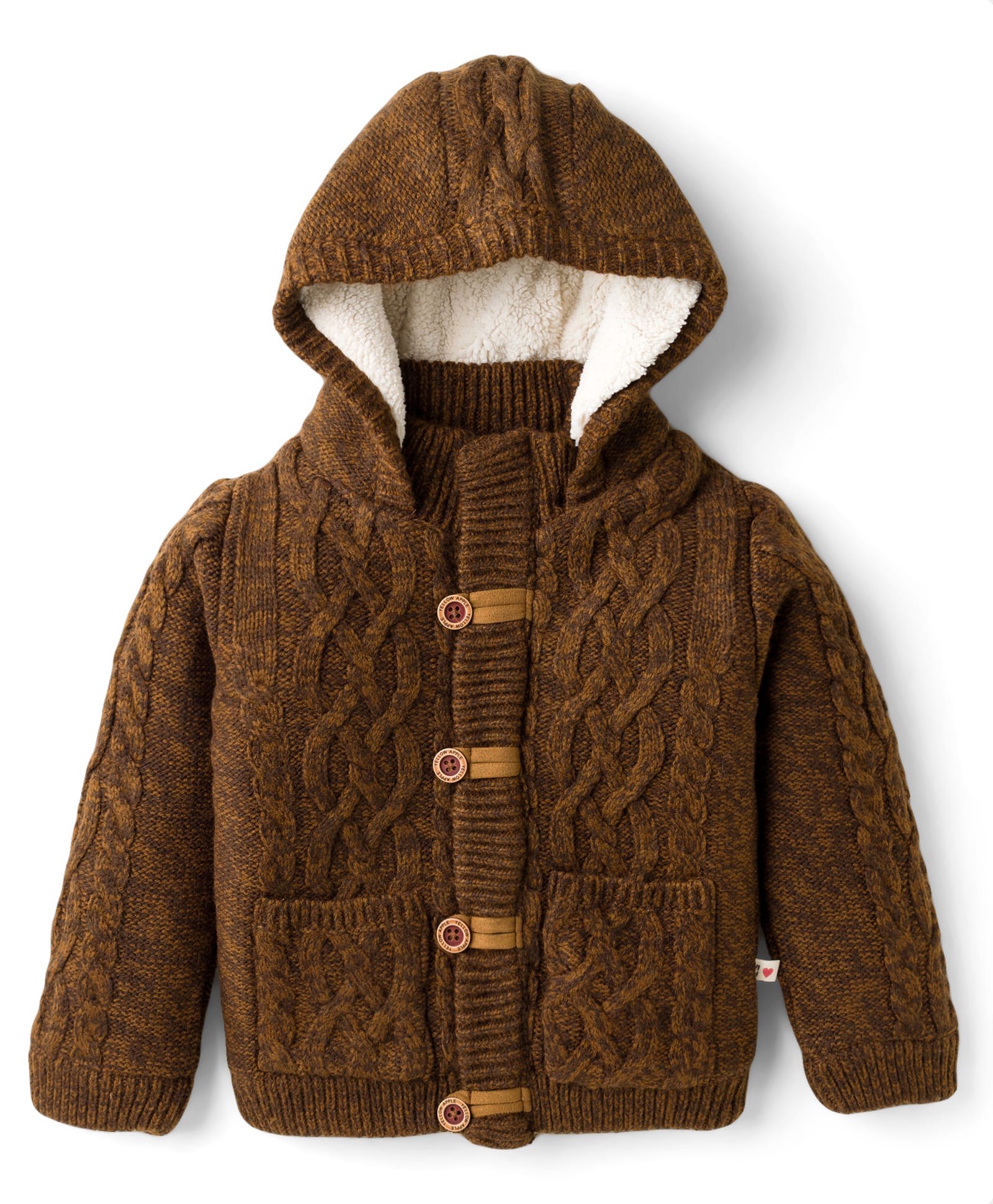 Yellow Apple Knit Full Sleeves Front Open Hooded Sweater with Cable Knit Design - Brown