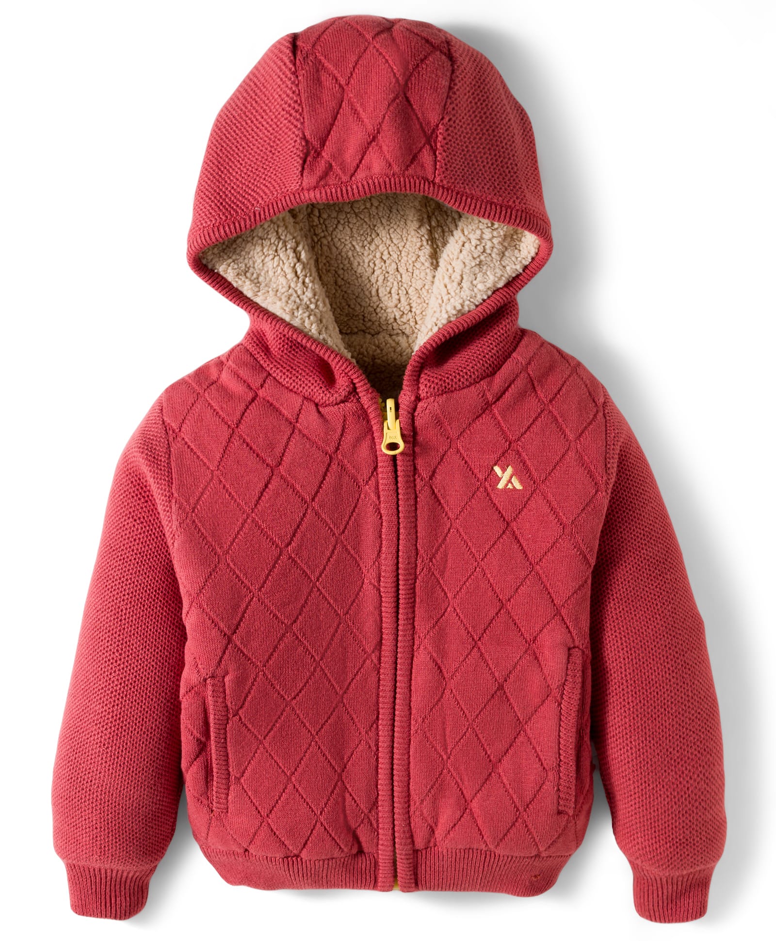 Yellow Apple Knit Full Sleeves Hooded Front Open Sweater with Quilt Design - Rust Orange-image-35