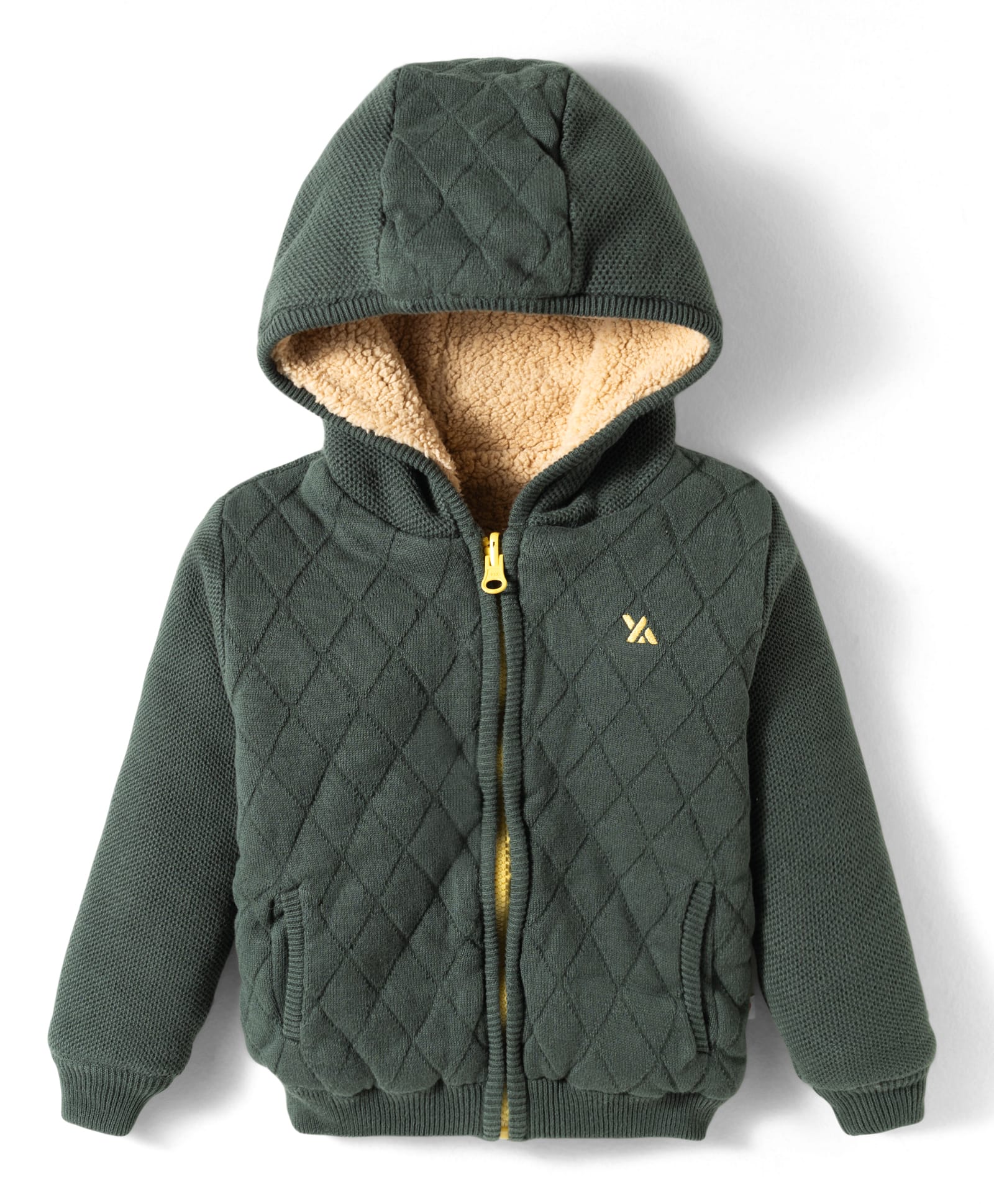 Yellow Apple Knit Full Sleeves Hooded Front Open Sweater with Quilt Design - Green