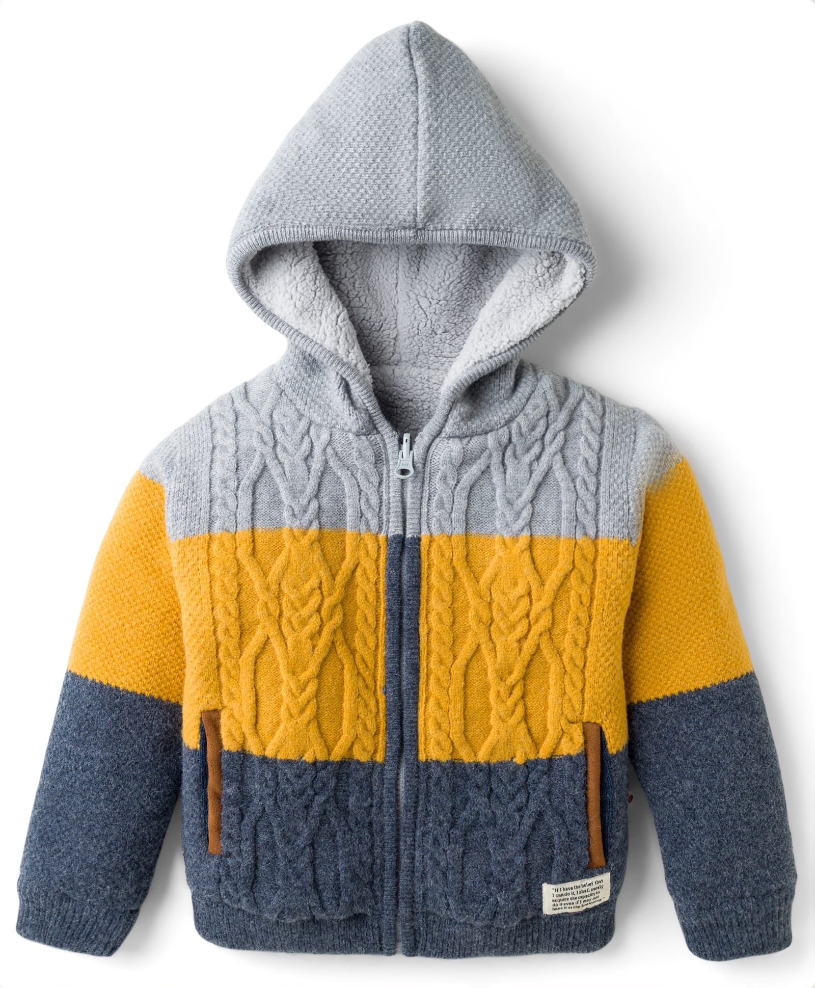 Yellow Apple Knit Full Sleeves Front Open Hooded Sweater with Cable Knit Design - Yellow Grey & Navy Blue