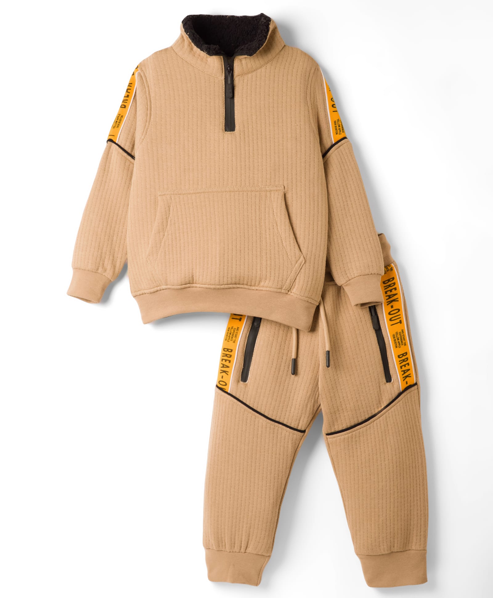 Yellow Apple Knit Full Sleeves Cut N Sew Sweatshirt With Kangaroo Pockets & Joggers Pant Winter Wear Set - Beige-image-19
