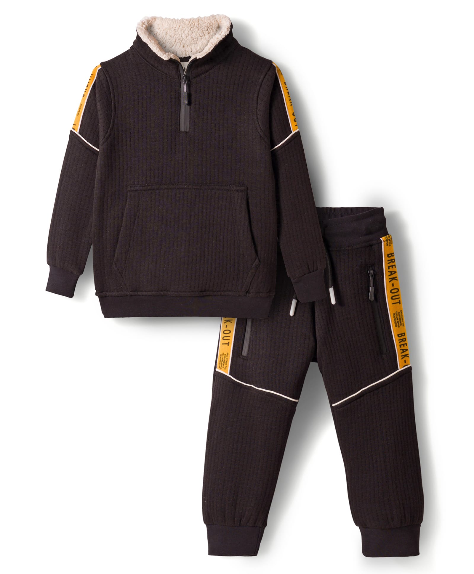 Yellow Apple Knit Full Sleeves Cut N Sew Sweatshirt With Kangaroo Pockets & Joggers Pant Winter Wear Set - Black-image-18