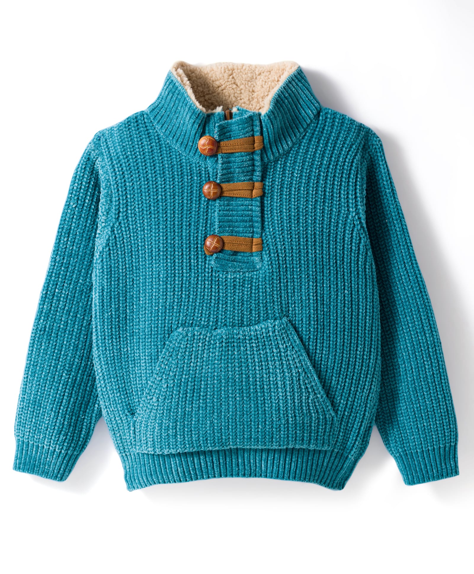 Yellow Apple Knit Full Sleeves Pullover Sweater with Cable Knit Design & Kangaroo Pocket - Teal Blue
