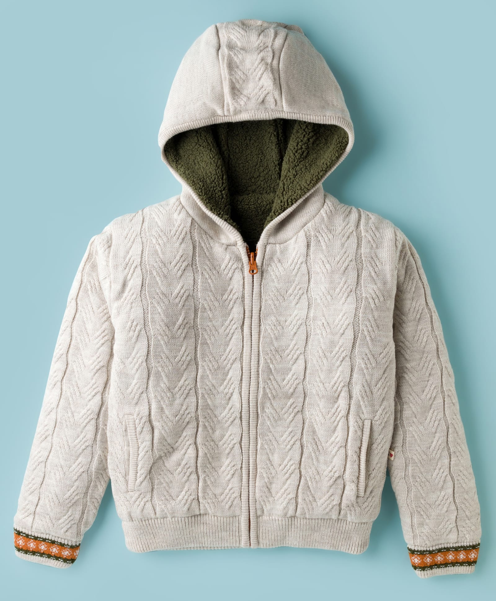 Yellow Apple Knit Full Sleeves Front Open Hooded Sweater with Cable Knit Design - Light Grey-picture-20