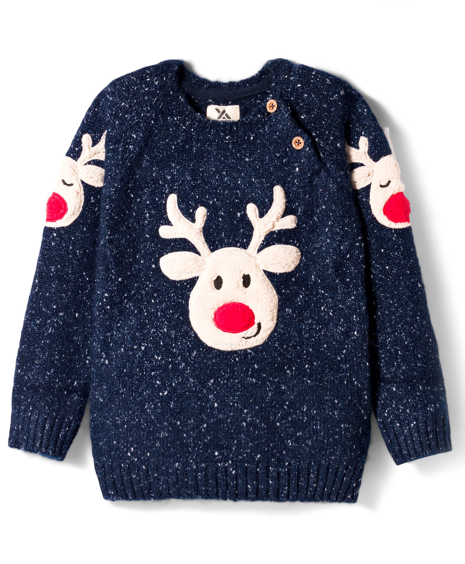 Yellow Apple Knitted Full Raglan Sleeves Pullover Sweater With Reindeer Patch - Navy Blue-image-41