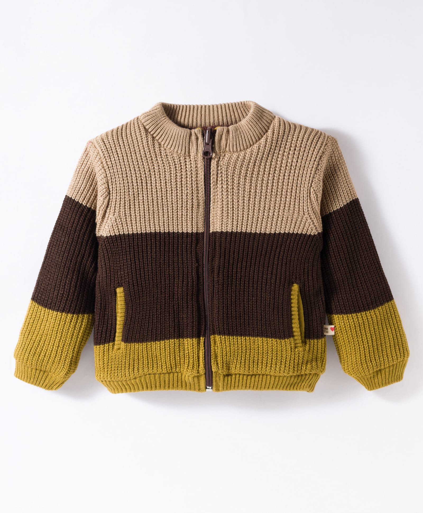 Yellow Apple Knit Full Sleeves Cut & Sew Front Open Sweater with Color Block - Multicolor-image-41