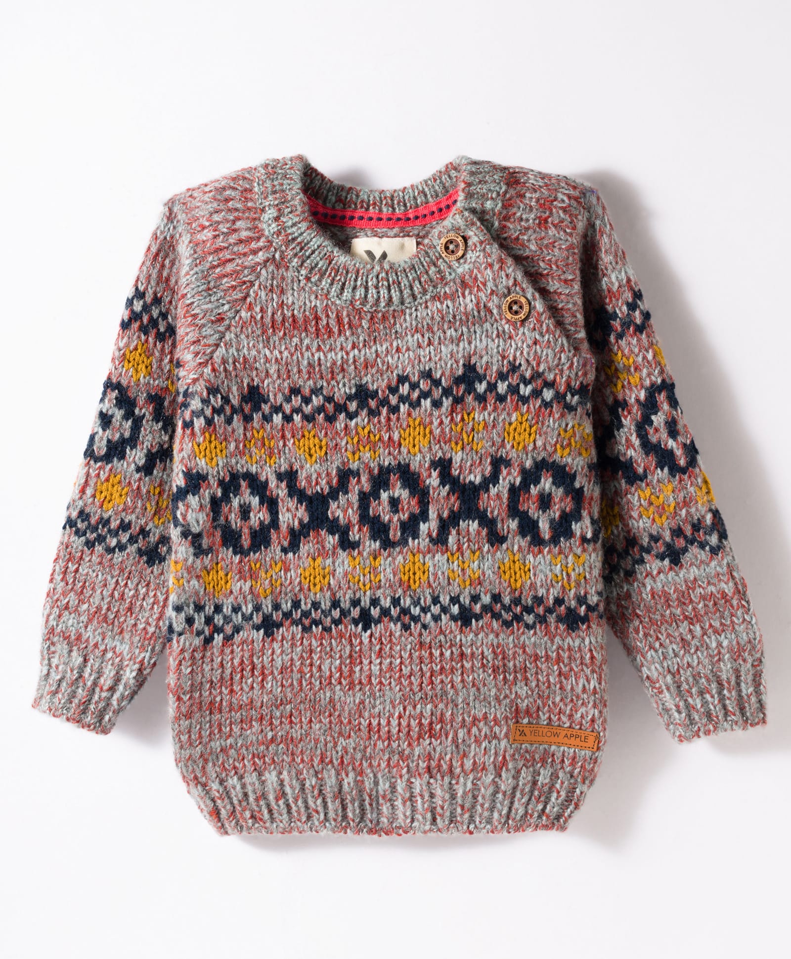 Yellow Apple Knit Full Raglan Sleeves Pullover Sweater with Design - Grey-picture-25