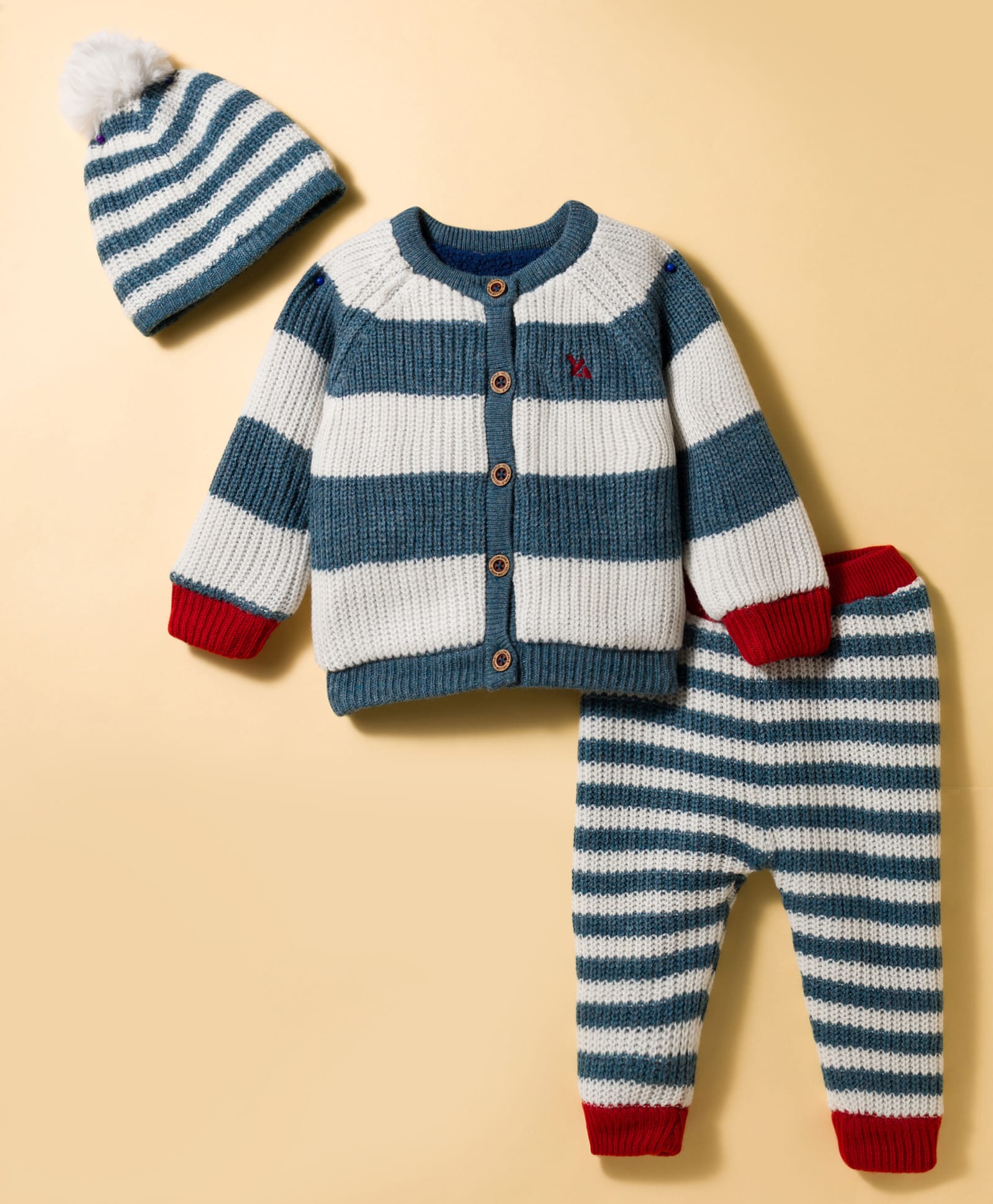 Yellow Apple Knit Full Raglan Sleeves Striped Front Open Sweater Set with Cap - Blue