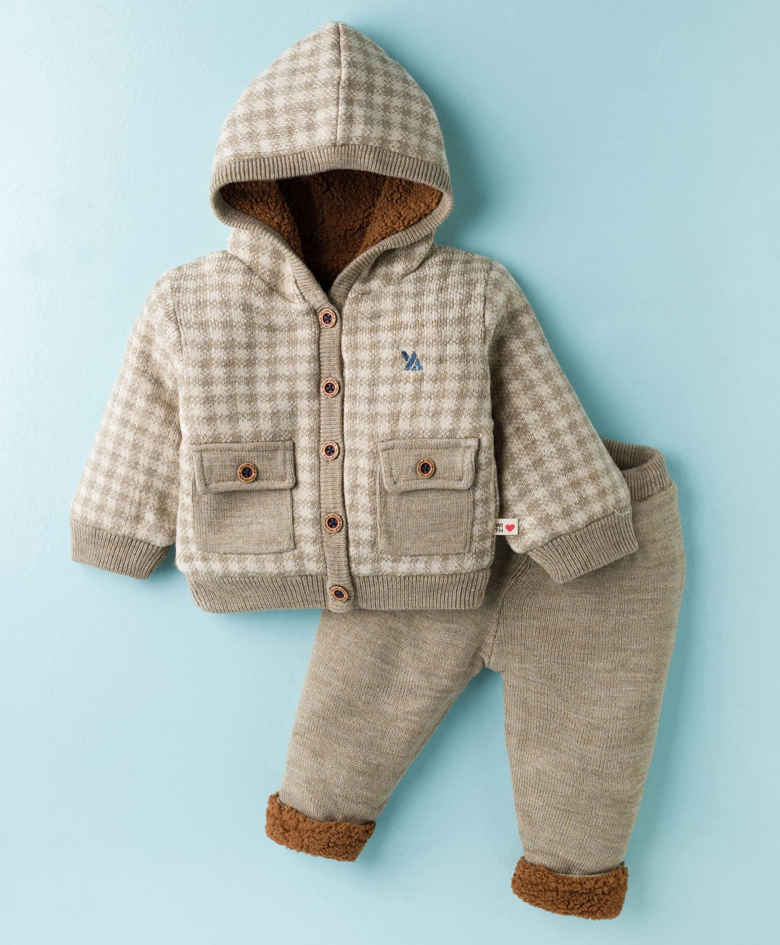 Yellow Apple Knit Full Sleeves Hooded Sweater & Pant Winter Wear Suit With Checks Design - Beige-image-39
