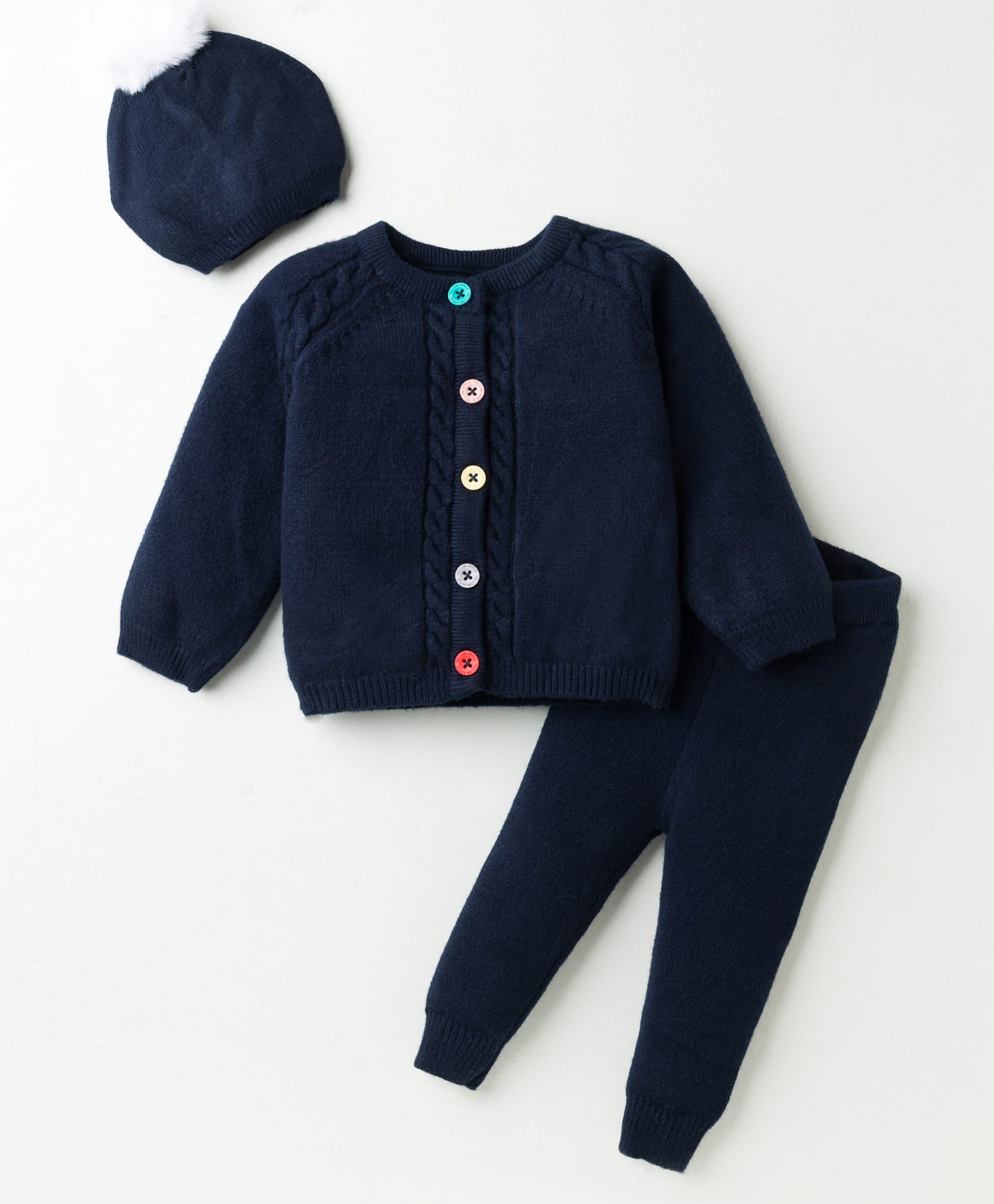 Yellow Apple Knit Full Sleeves Solid Sweatshirt & Joggers Pant Winter Wear Set With Cap - Navy Blue-image-22