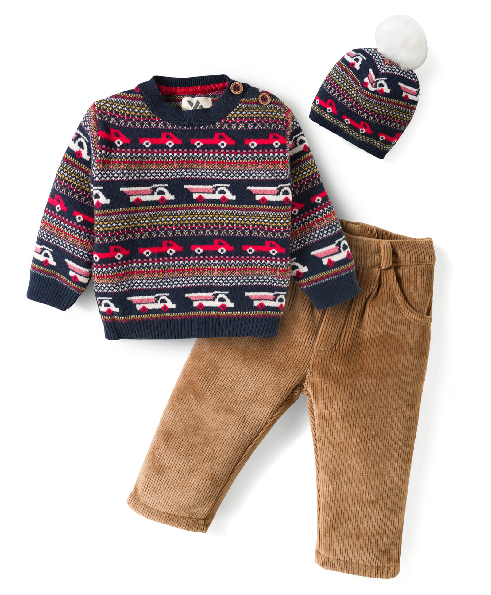 Yellow Apple Knit Full Sleeves Vehicles Design Sweatshirt & Jogger Pant Set - Navy Blue