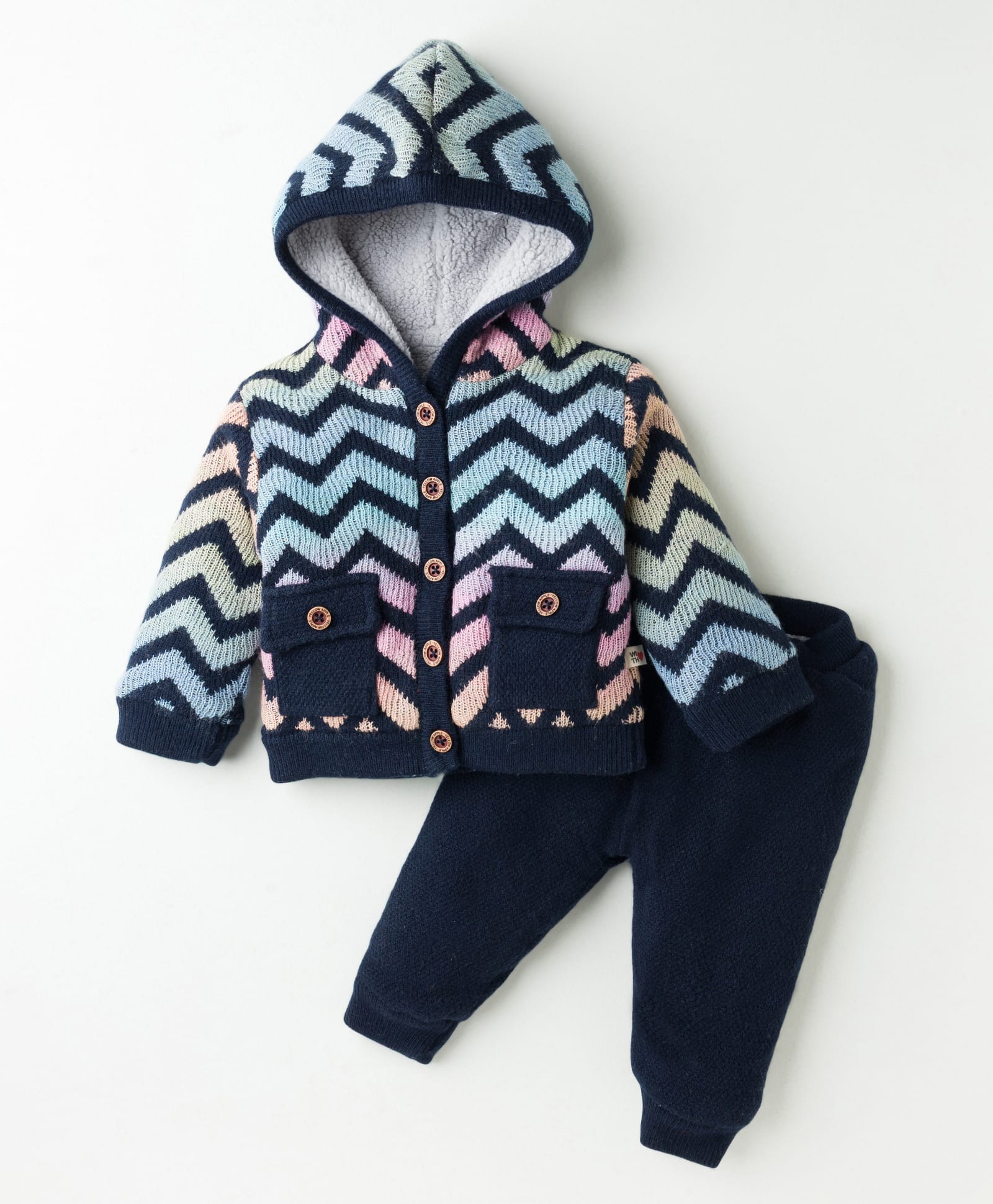 Yellow Apple Knit Full Sleeves Striped Hooded Sweater & Joggers Pant Winter Wear Set - Navy Blue