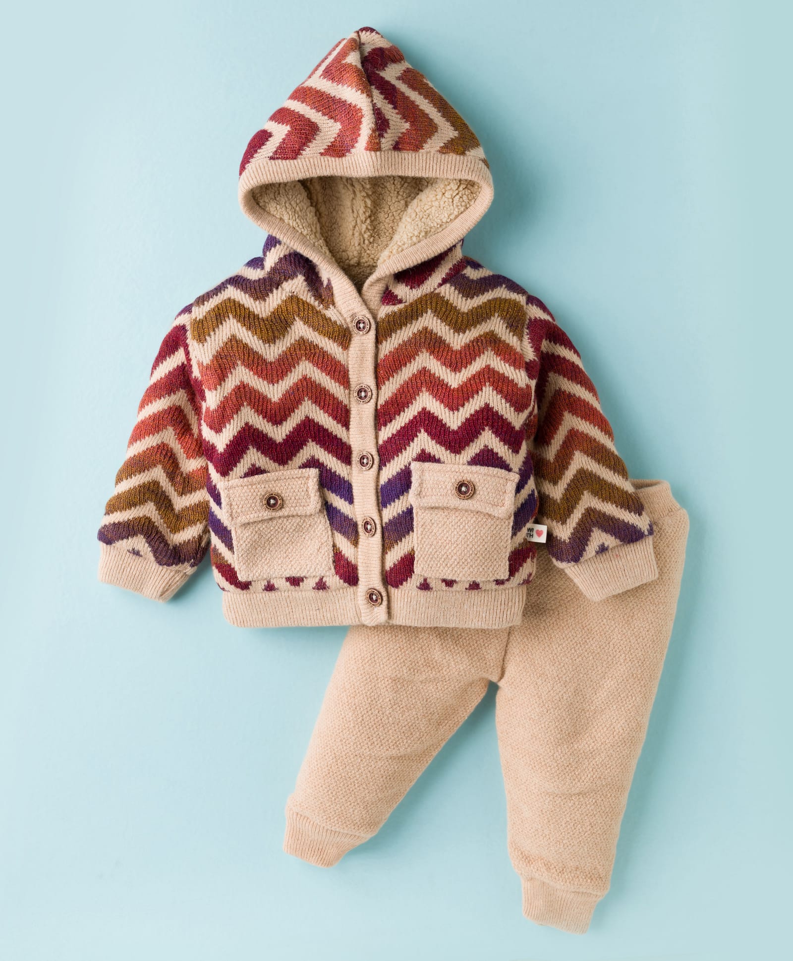 Yellow Apple Knit Full Sleeves Striped Hooded Sweater & Joggers Pant Winter Wear Set - Beige-picture-17